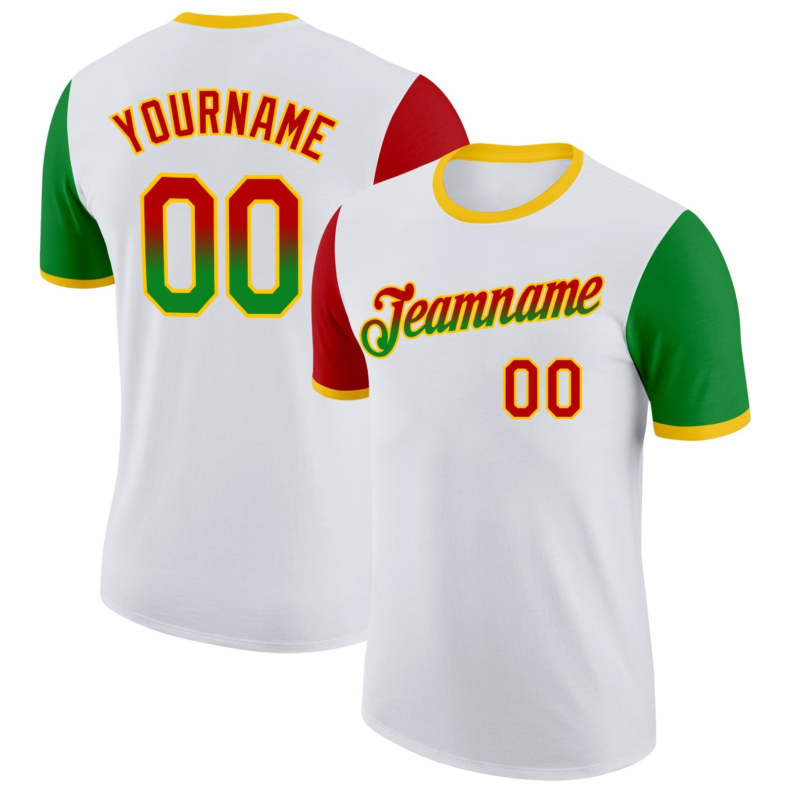 Custom White Red Grass Green-Yellow Gradient Two Tone Performance T-Shirt - Main View