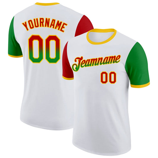 Custom White Red Grass Green-Yellow Gradient Two Tone Performance T-Shirt - Main View