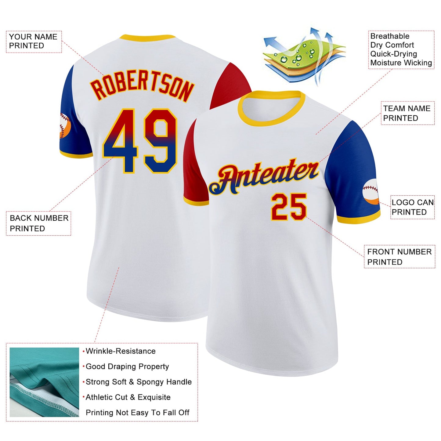 Custom White Red Royal-Yellow Gradient Two Tone Performance T-Shirt view 2