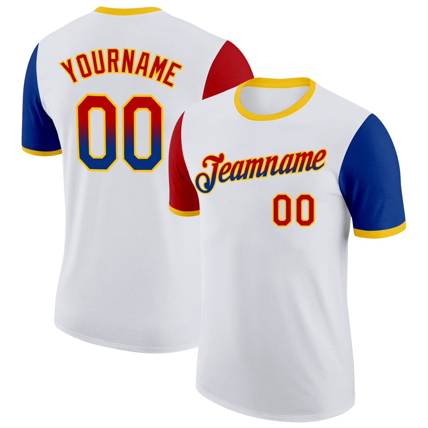 Custom White Red Royal-Yellow Gradient Two Tone Performance T-Shirt - Main View
