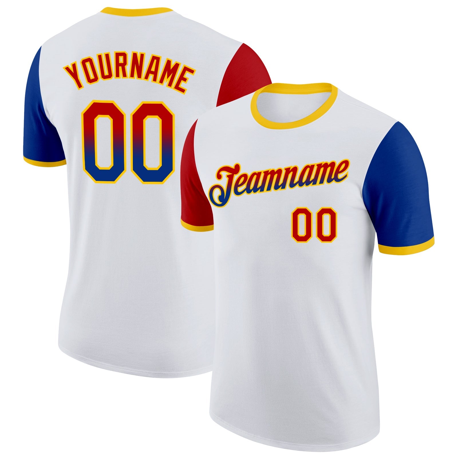 Custom White Red Royal-Yellow Gradient Two Tone Performance T-Shirt - Main View