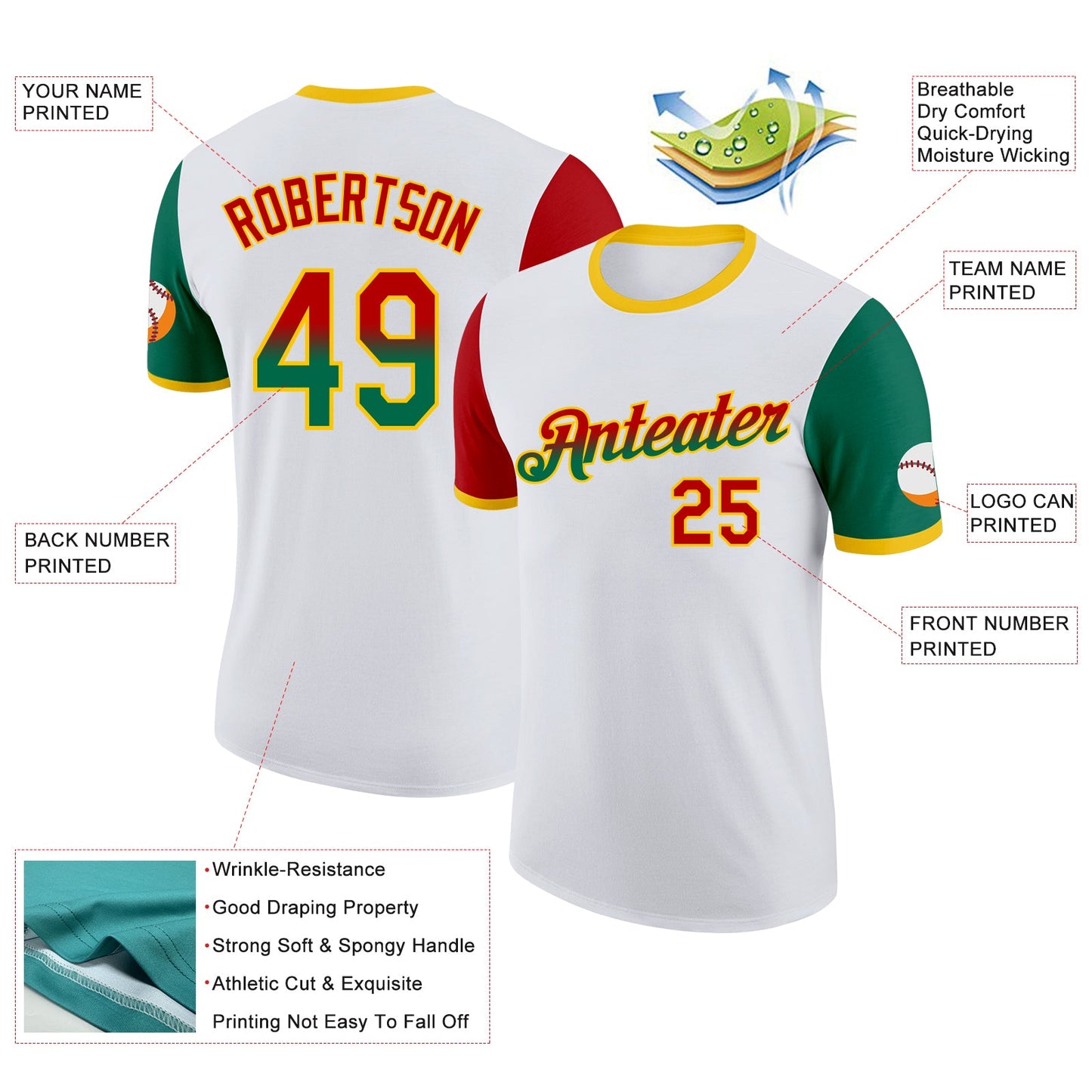 Custom White Red Kelly Green-Yellow Gradient Two Tone Performance T-Shirt view 2