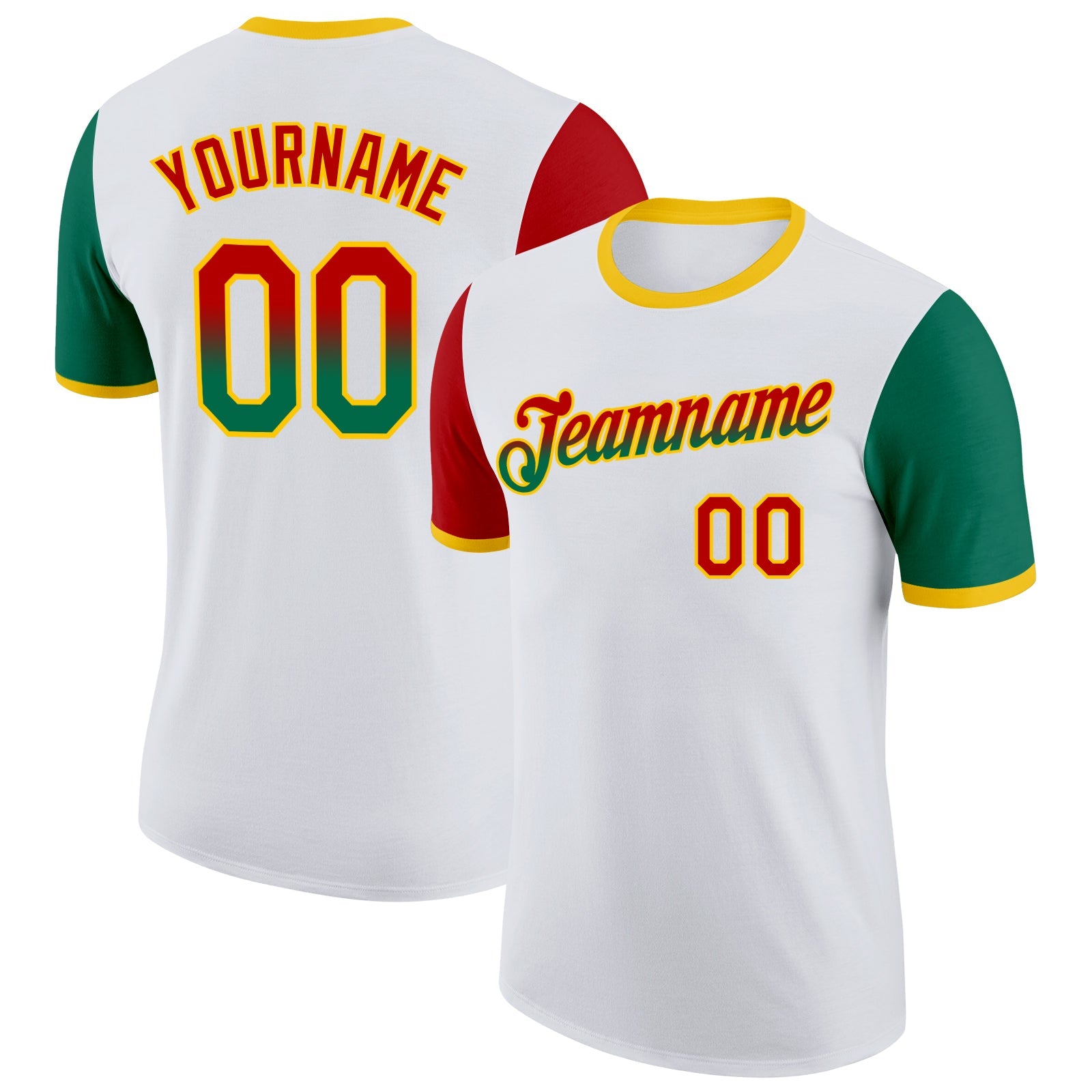 Custom White Red Kelly Green-Yellow Gradient Two Tone Performance T-Shirt - Main View