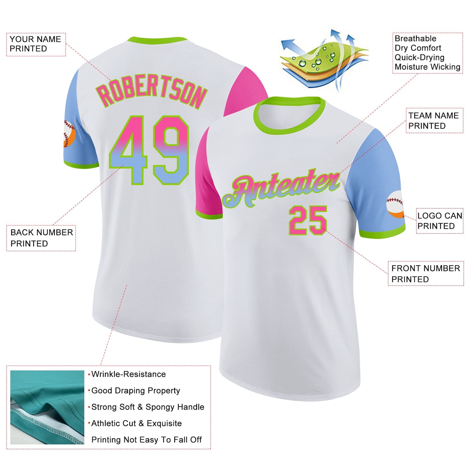 Custom White Pink Light Blue-Neon Green Gradient Two Tone Performance T-Shirt view 2