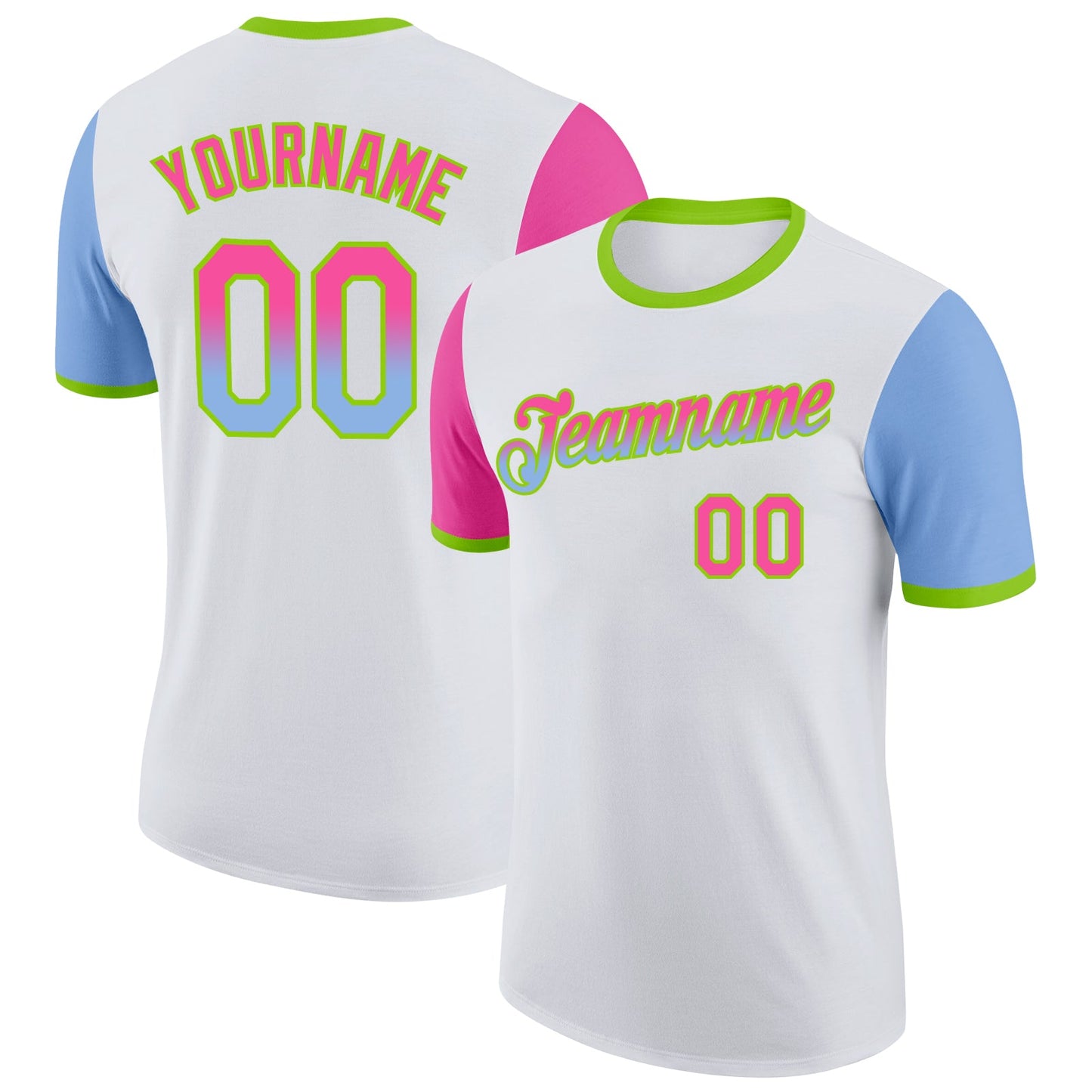 Custom White Pink Light Blue-Neon Green Gradient Two Tone Performance T-Shirt - Main View