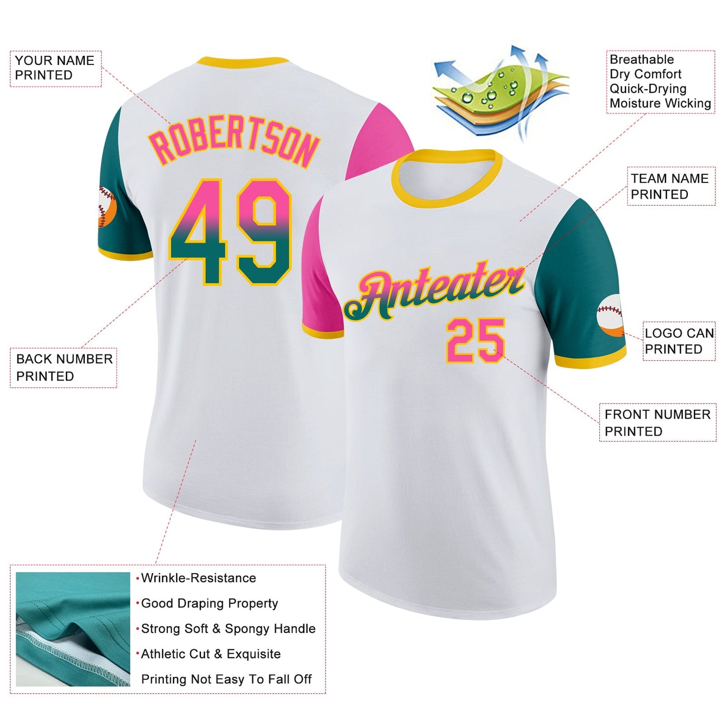 Custom White Pink Teal-Yellow Gradient Two Tone Performance T-Shirt view 2