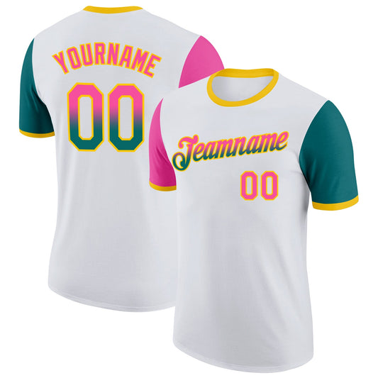 Custom White Pink Teal-Yellow Gradient Two Tone Performance T-Shirt - Main View