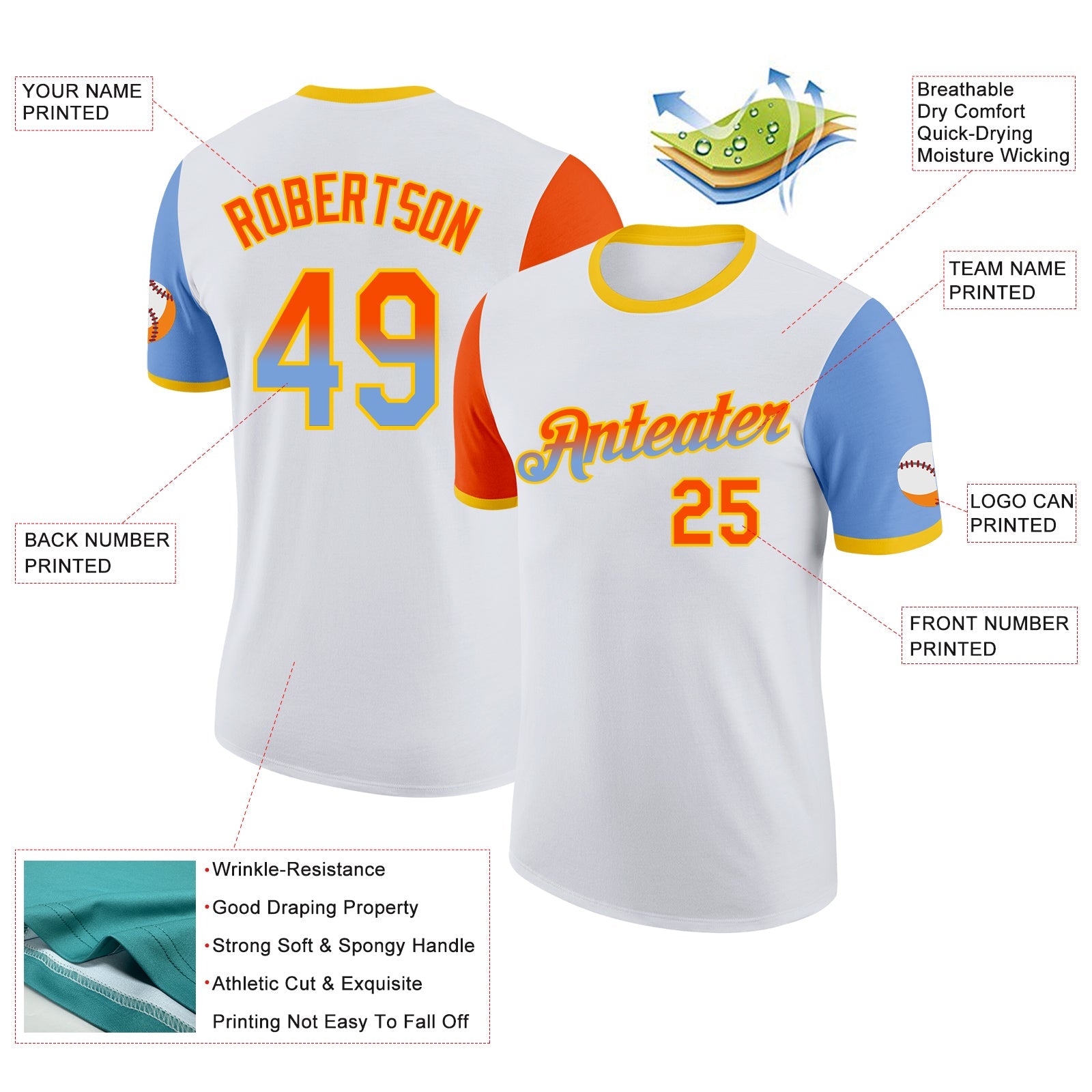Custom White Orange Powder Blue-Yellow Gradient Two Tone Performance T-Shirt view 2