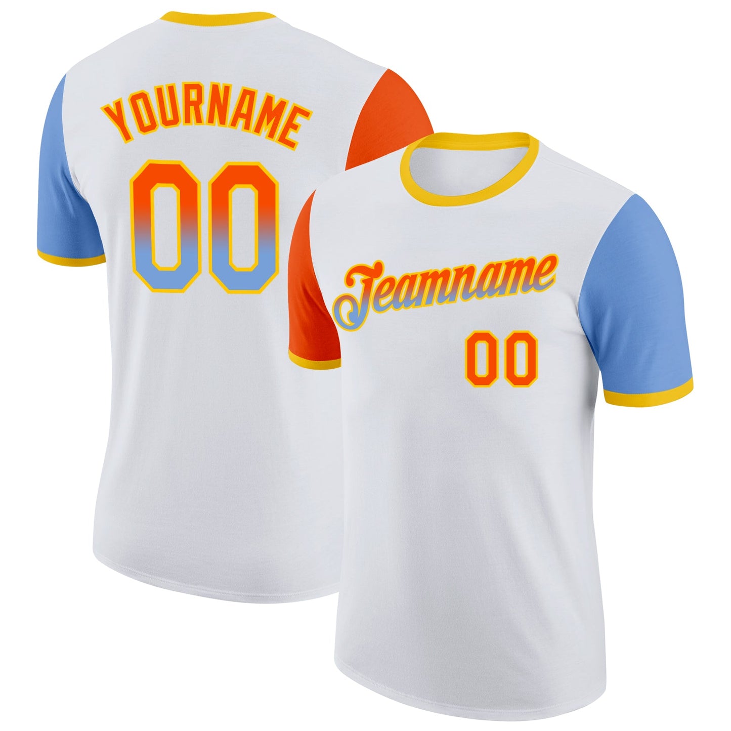 Custom White Orange Powder Blue-Yellow Gradient Two Tone Performance T-Shirt - Main View