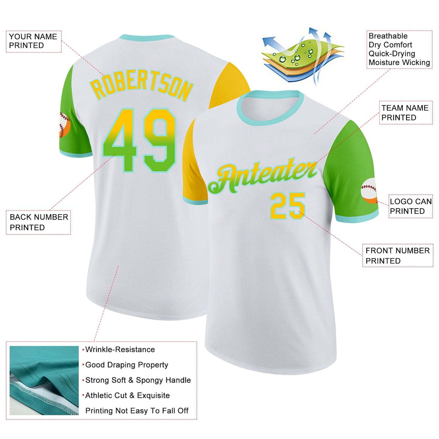 Custom White Yellow Aurora Green-Ice Blue Gradient Two Tone Performance T-Shirt view 2