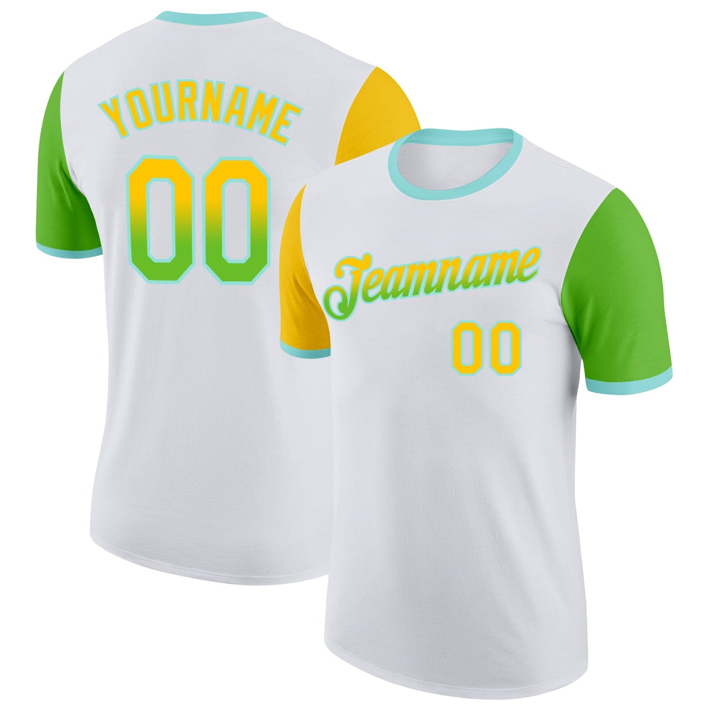 Custom White Yellow Aurora Green-Ice Blue Gradient Two Tone Performance T-Shirt - Main View