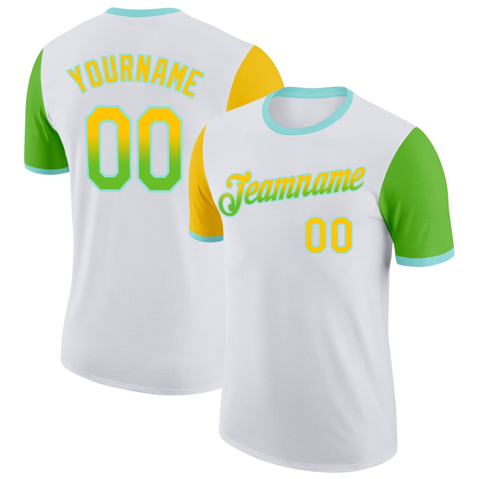Custom White Yellow Aurora Green-Ice Blue Gradient Two Tone Performance T-Shirt - Main View