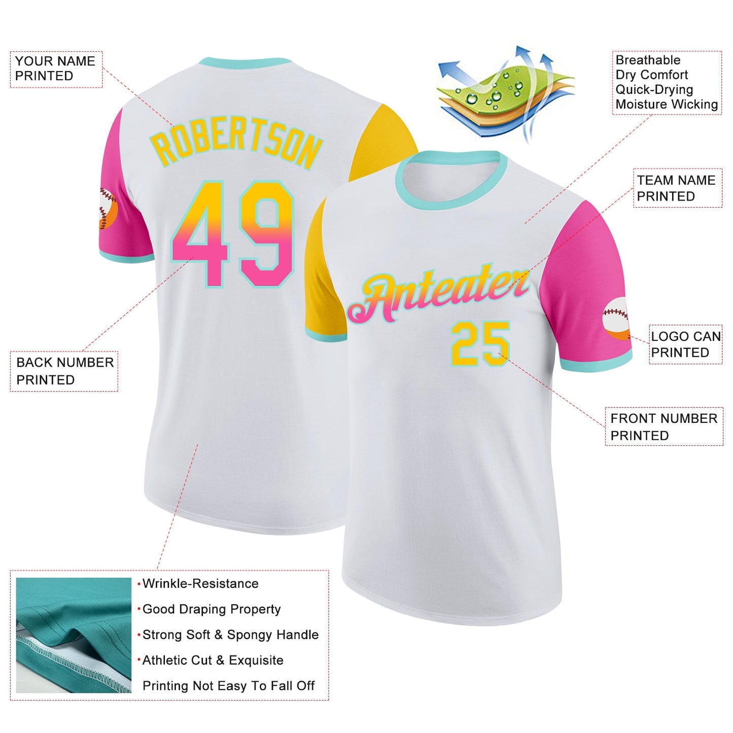 Custom White Yellow Pink-Ice Blue Gradient Two Tone Performance T-Shirt view 2