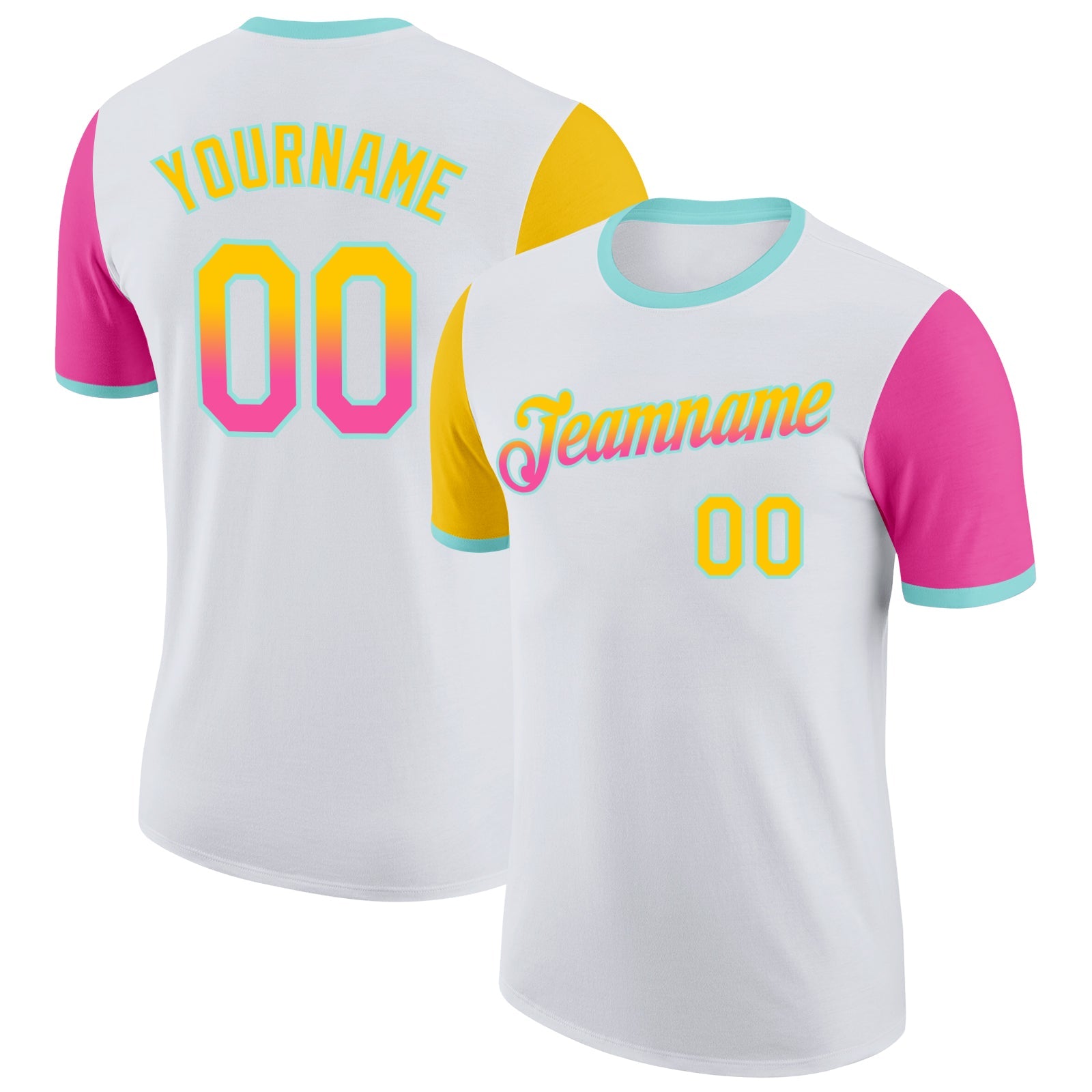 Custom White Yellow Pink-Ice Blue Gradient Two Tone Performance T-Shirt - Main View