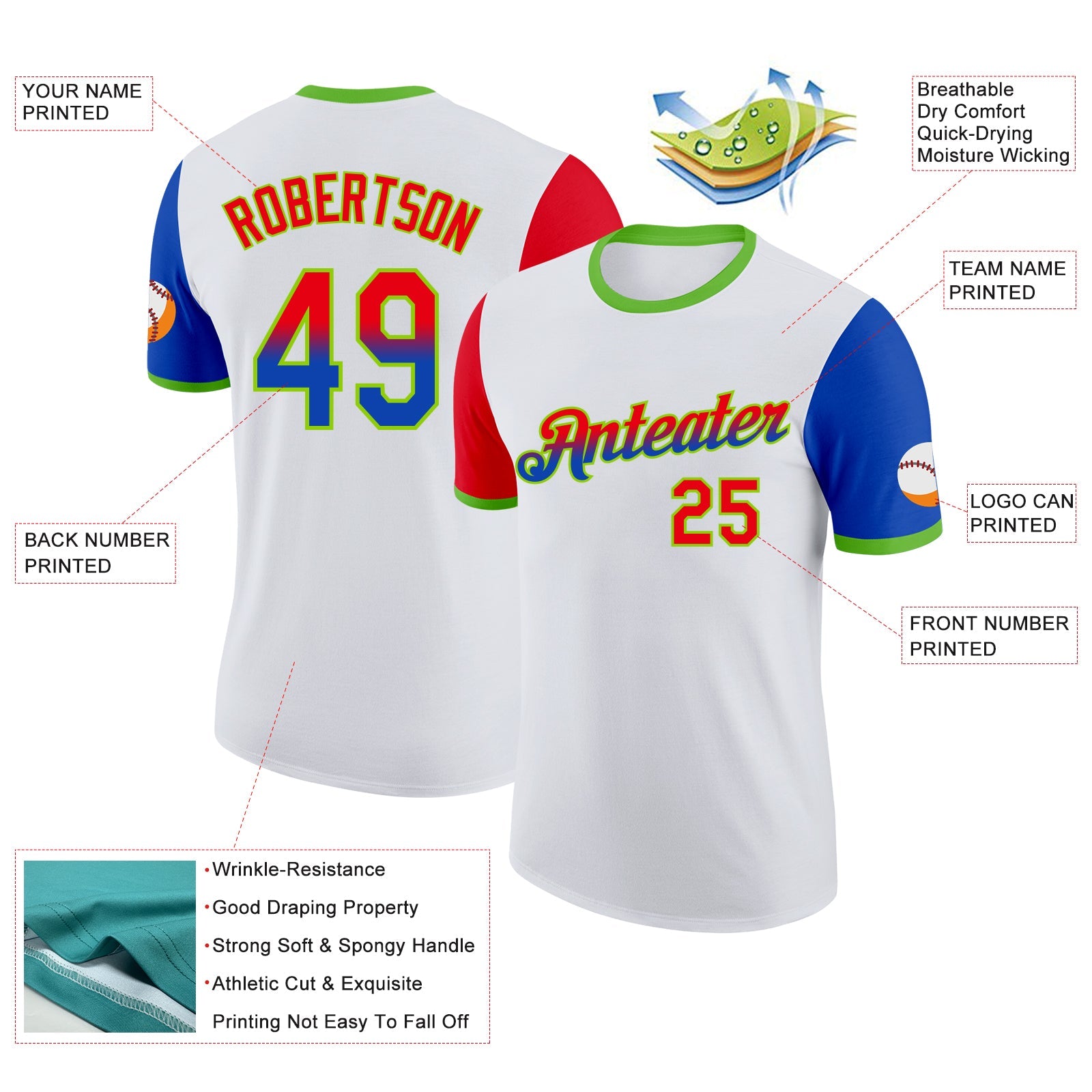 Custom White Fire Red Thunder Blue-Neon Green Gradient Two Tone Performance T-Shirt view 2