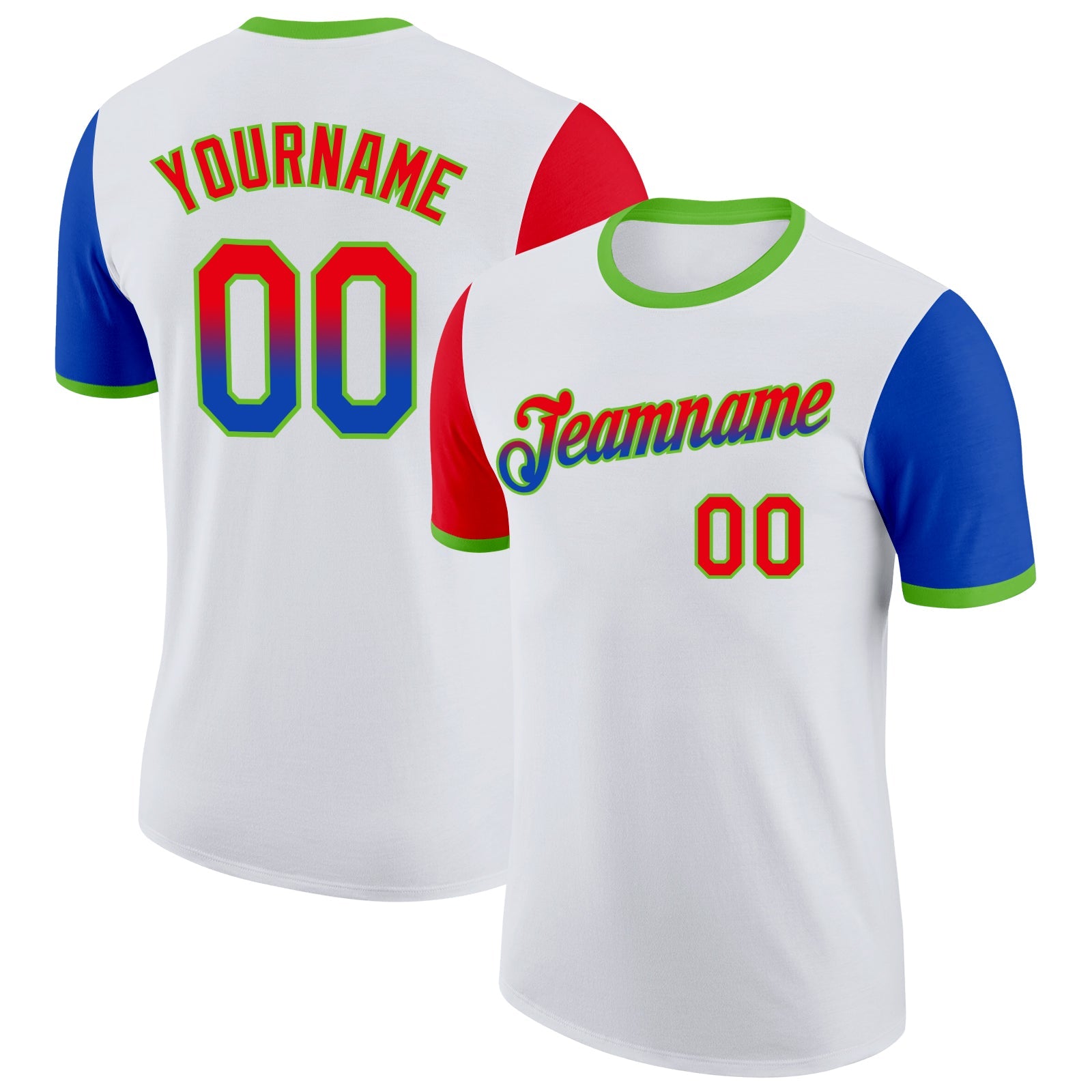 Custom White Fire Red Thunder Blue-Neon Green Gradient Two Tone Performance T-Shirt - Main View