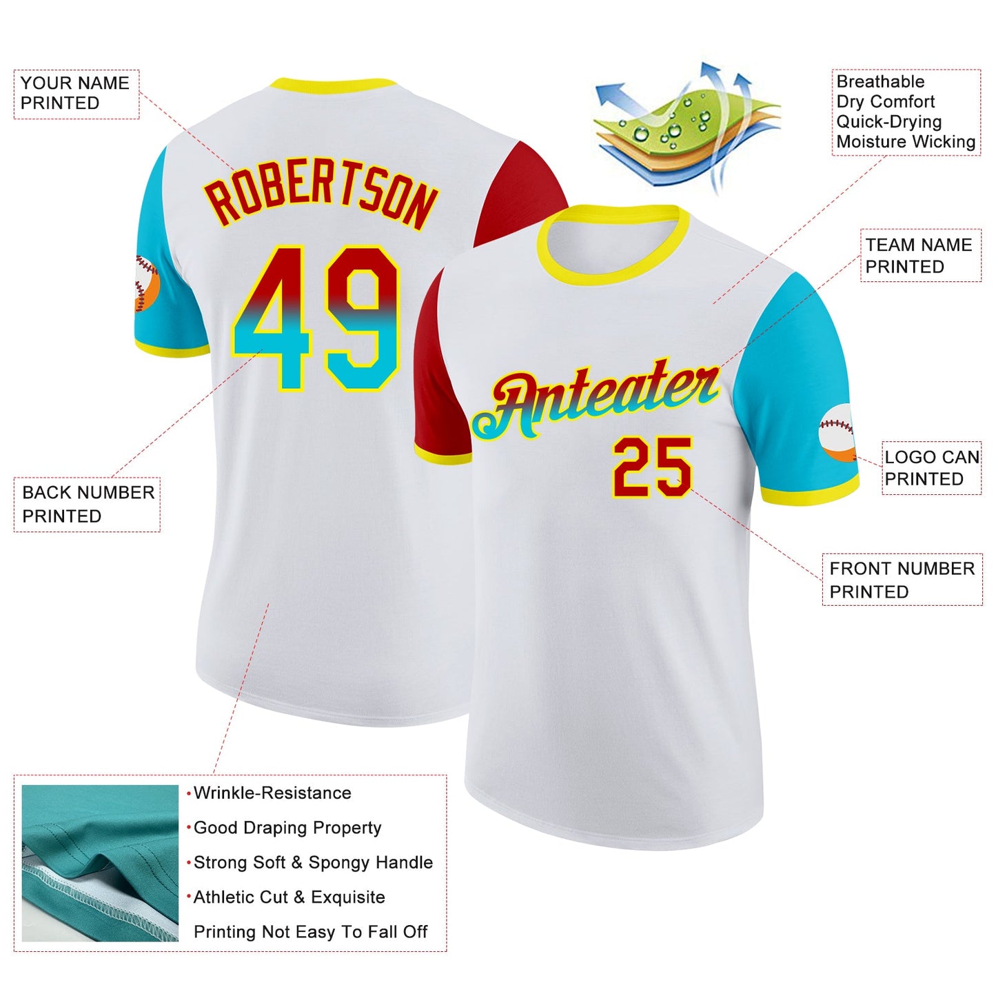 Custom White Red Lakes Blue-Light Yellow Gradient Two Tone Performance T-Shirt view 2