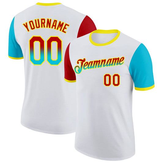 Custom White Red Lakes Blue-Light Yellow Gradient Two Tone Performance T-Shirt - Main View
