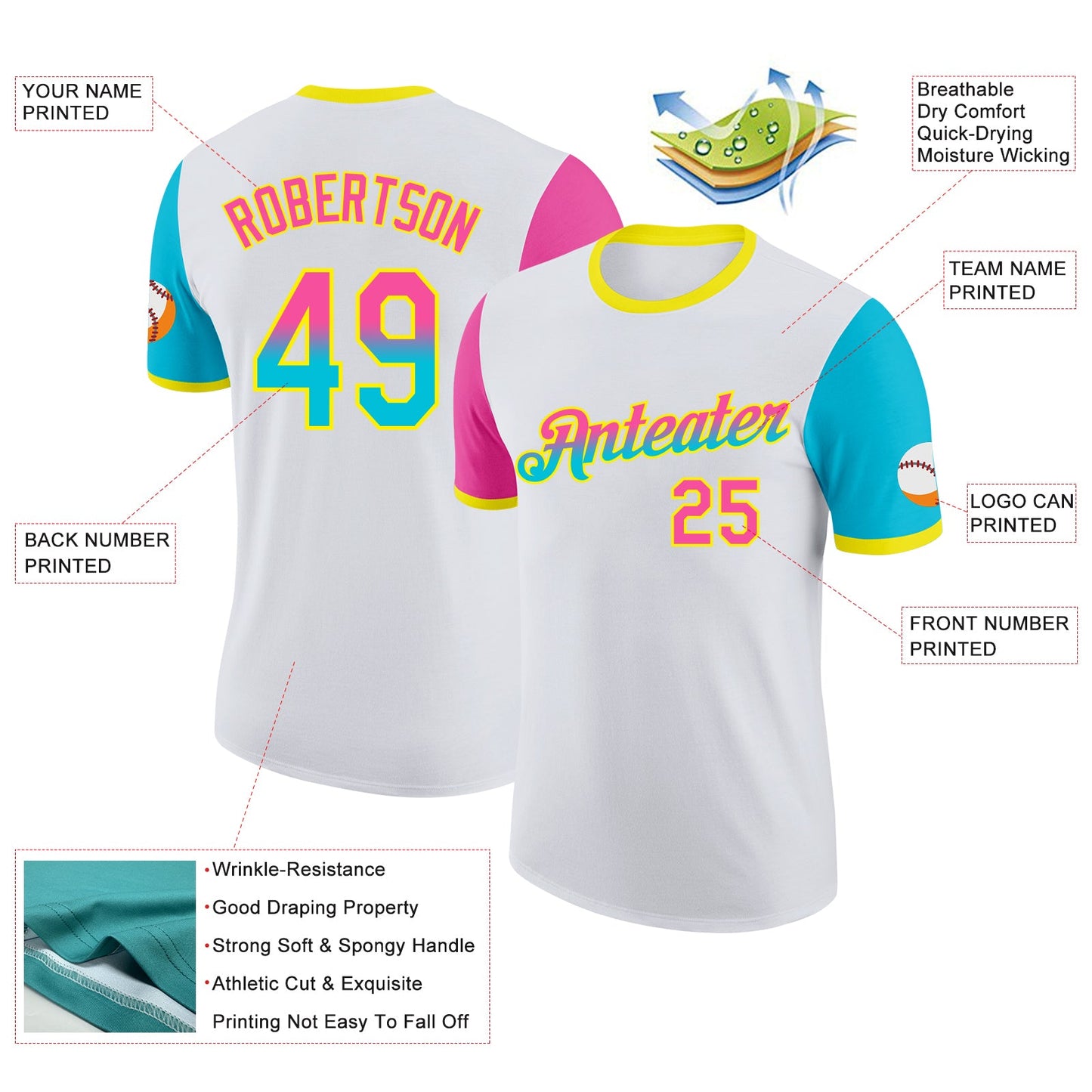 Custom White Pink Lakes Blue-Light Yellow Gradient Two Tone Performance T-Shirt view 2