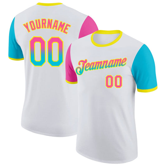 Custom White Pink Lakes Blue-Light Yellow Gradient Two Tone Performance T-Shirt - Main View