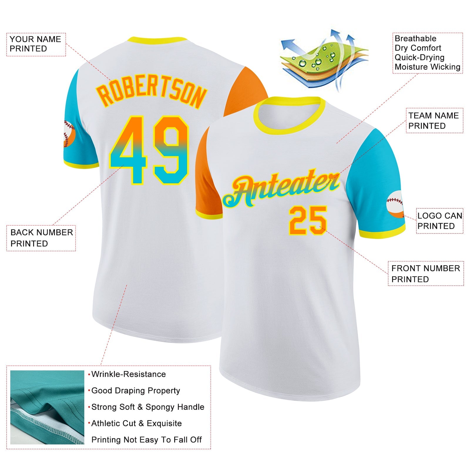 Custom White Bay Orange Lakes Blue-Light Yellow Gradient Two Tone Performance T-Shirt view 2