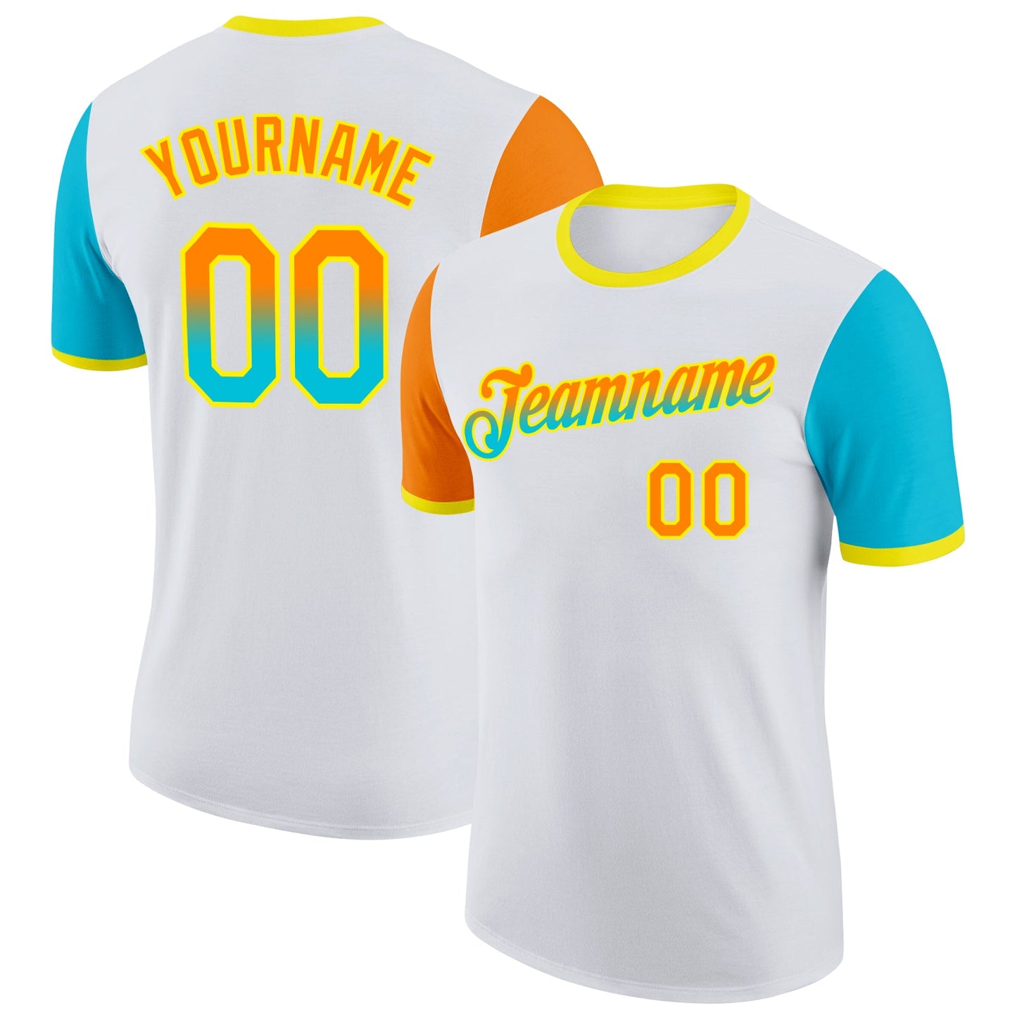 Custom White Bay Orange Lakes Blue-Light Yellow Gradient Two Tone Performance T-Shirt - Main View