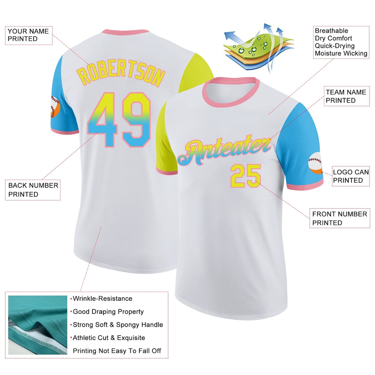 Custom White Neon Yellow Sky Blue-Medium Pink Gradient Two Tone Performance T-Shirt view 2