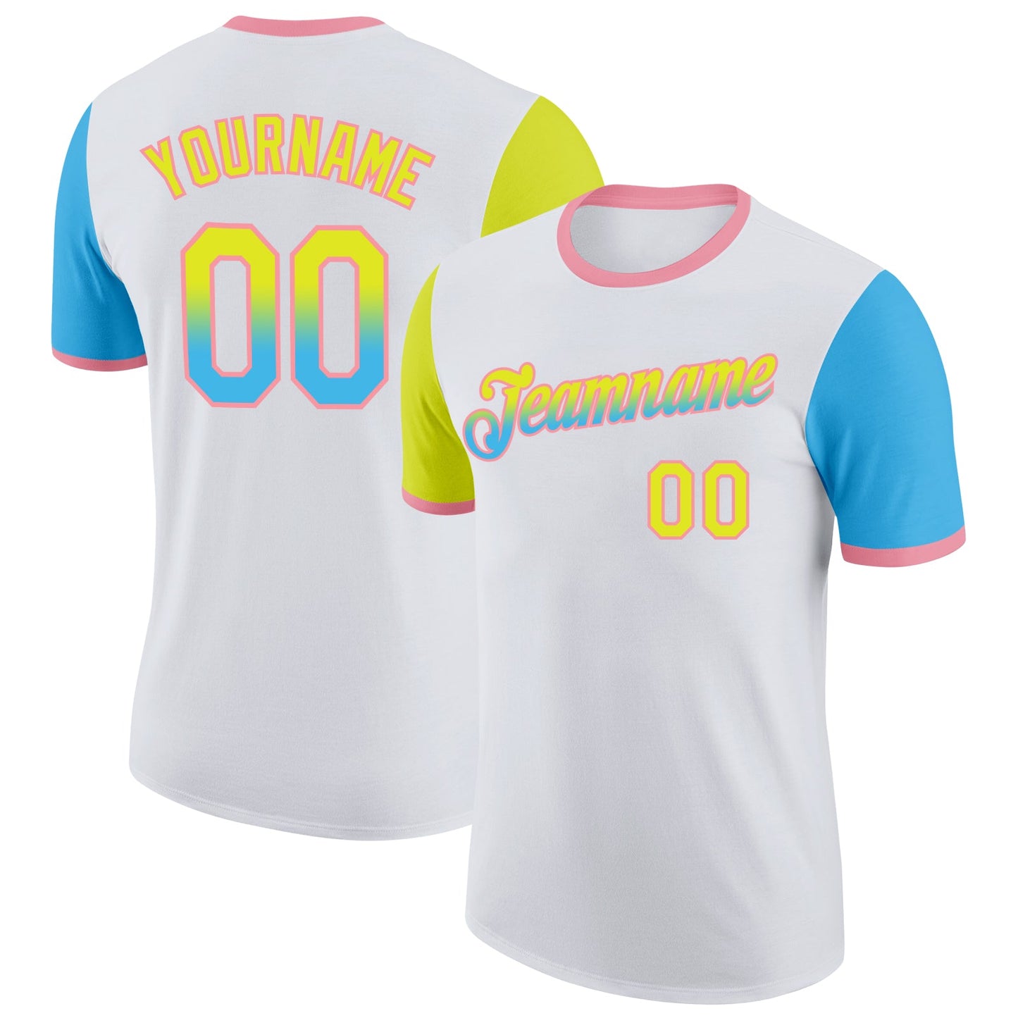 Custom White Neon Yellow Sky Blue-Medium Pink Gradient Two Tone Performance T-Shirt - Main View
