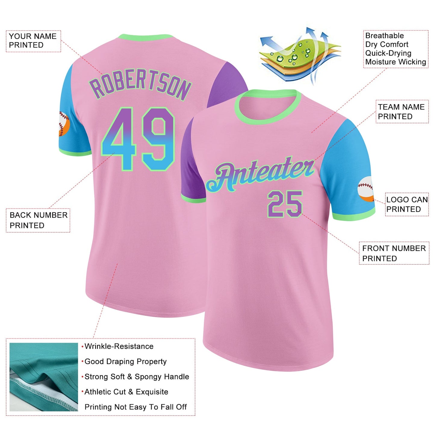 Custom Light Pink Medium Purple Sky Blue-Pea Green Gradient Two Tone Performance T-Shirt view 2