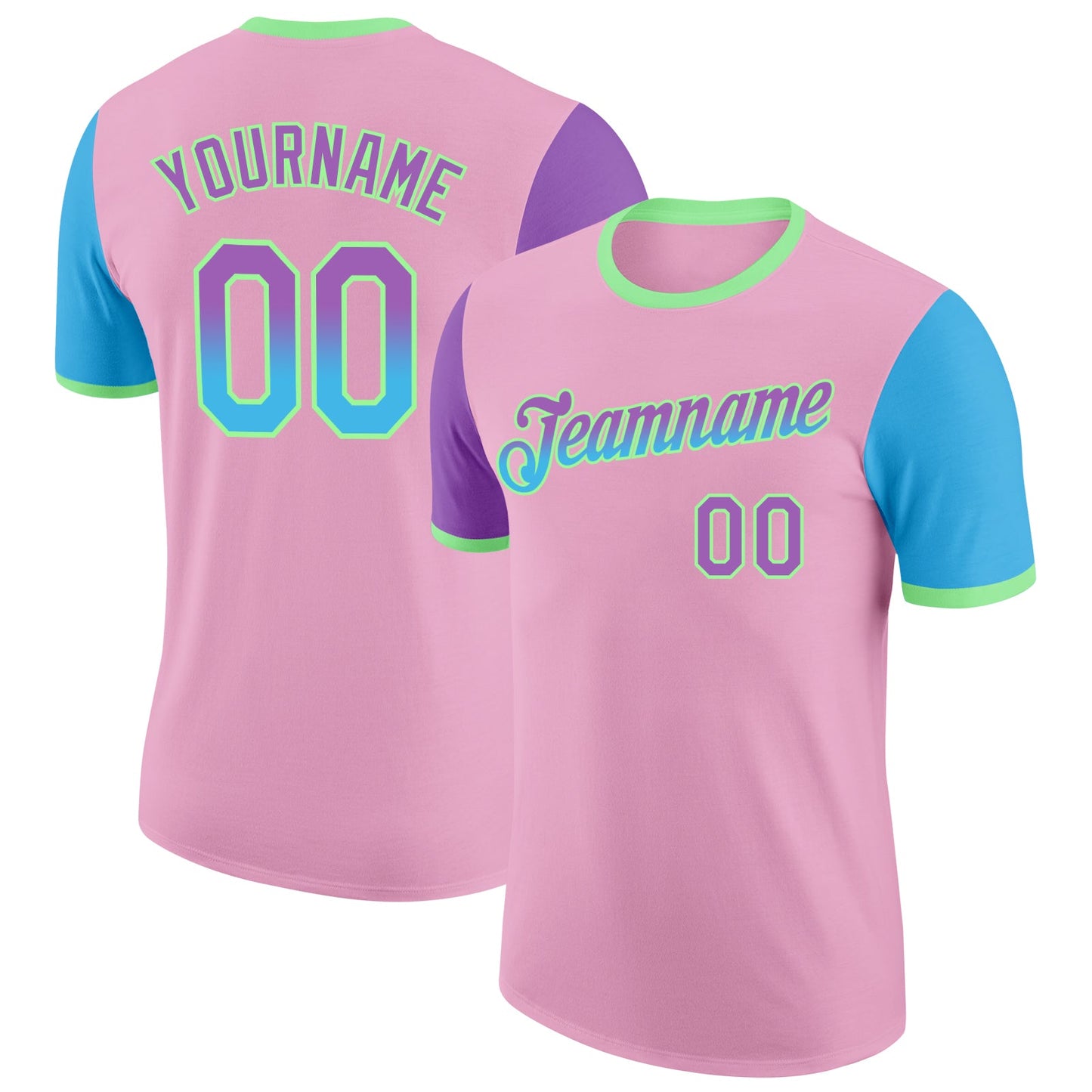 Custom Light Pink Medium Purple Sky Blue-Pea Green Gradient Two Tone Performance T-Shirt - Main View