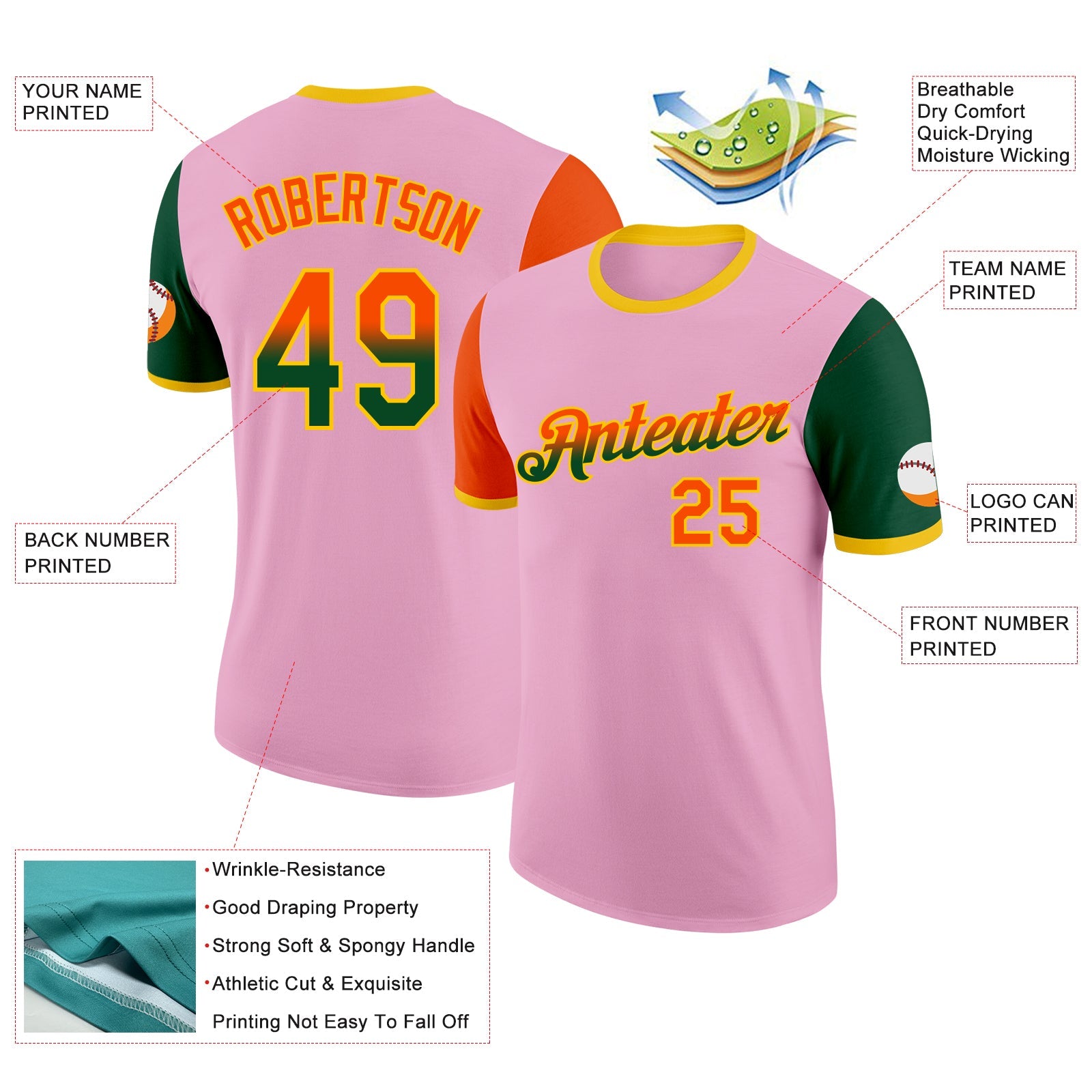 Custom Light Pink Orange Green-Yellow Gradient Two Tone Performance T-Shirt view 2