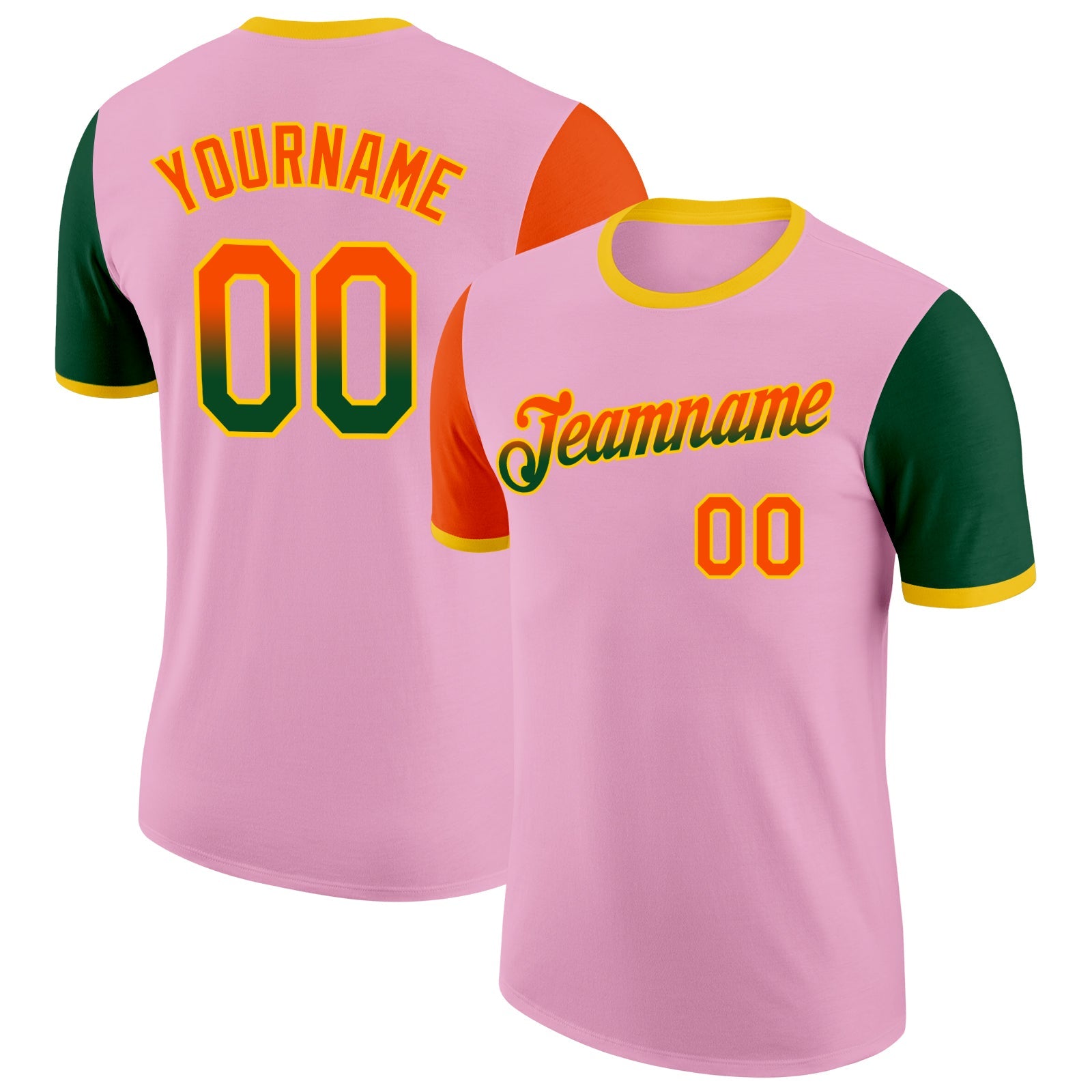 Custom Light Pink Orange Green-Yellow Gradient Two Tone Performance T-Shirt - Main View