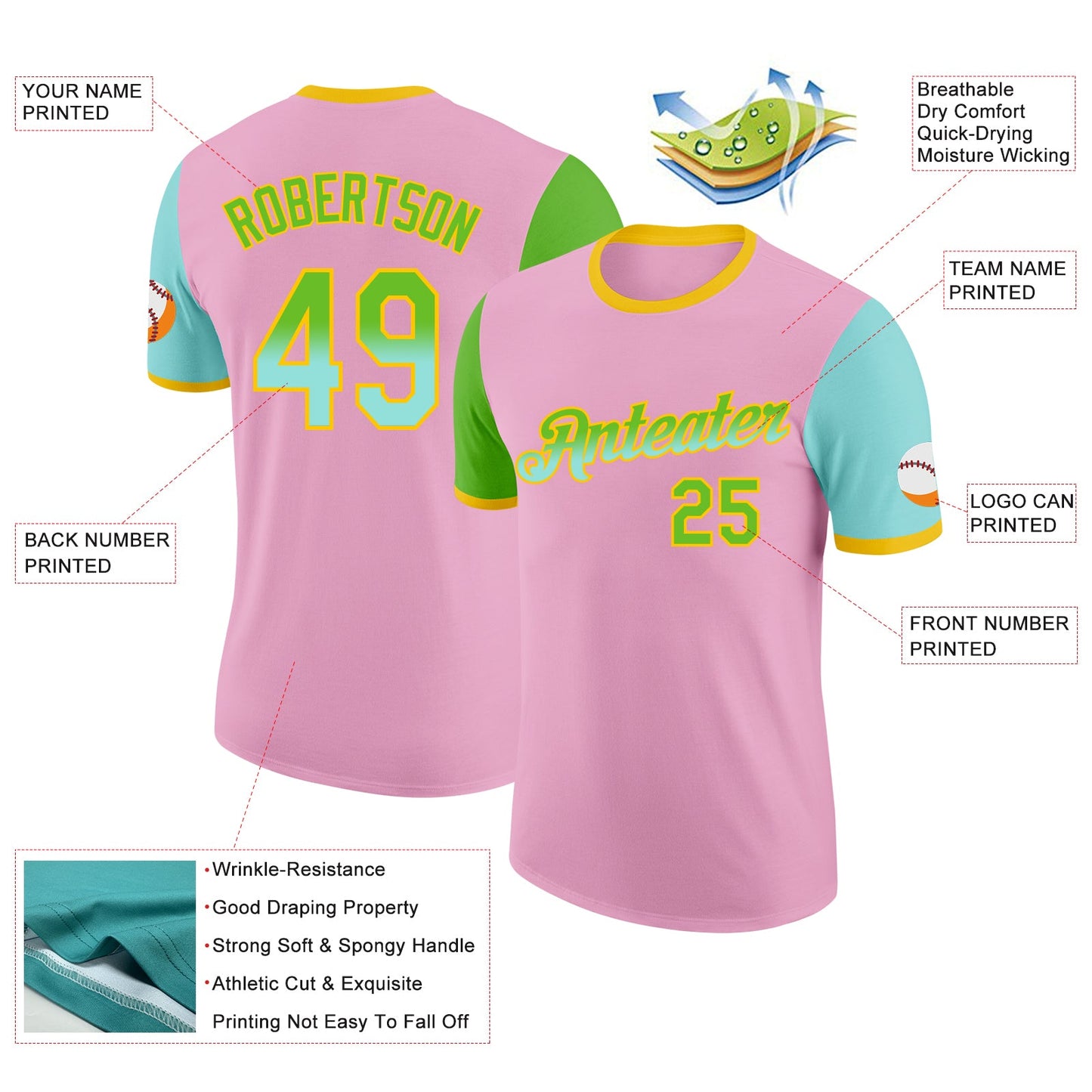 Custom Light Pink Aurora Green Ice Blue-Yellow Gradient Two Tone Performance T-Shirt view 2