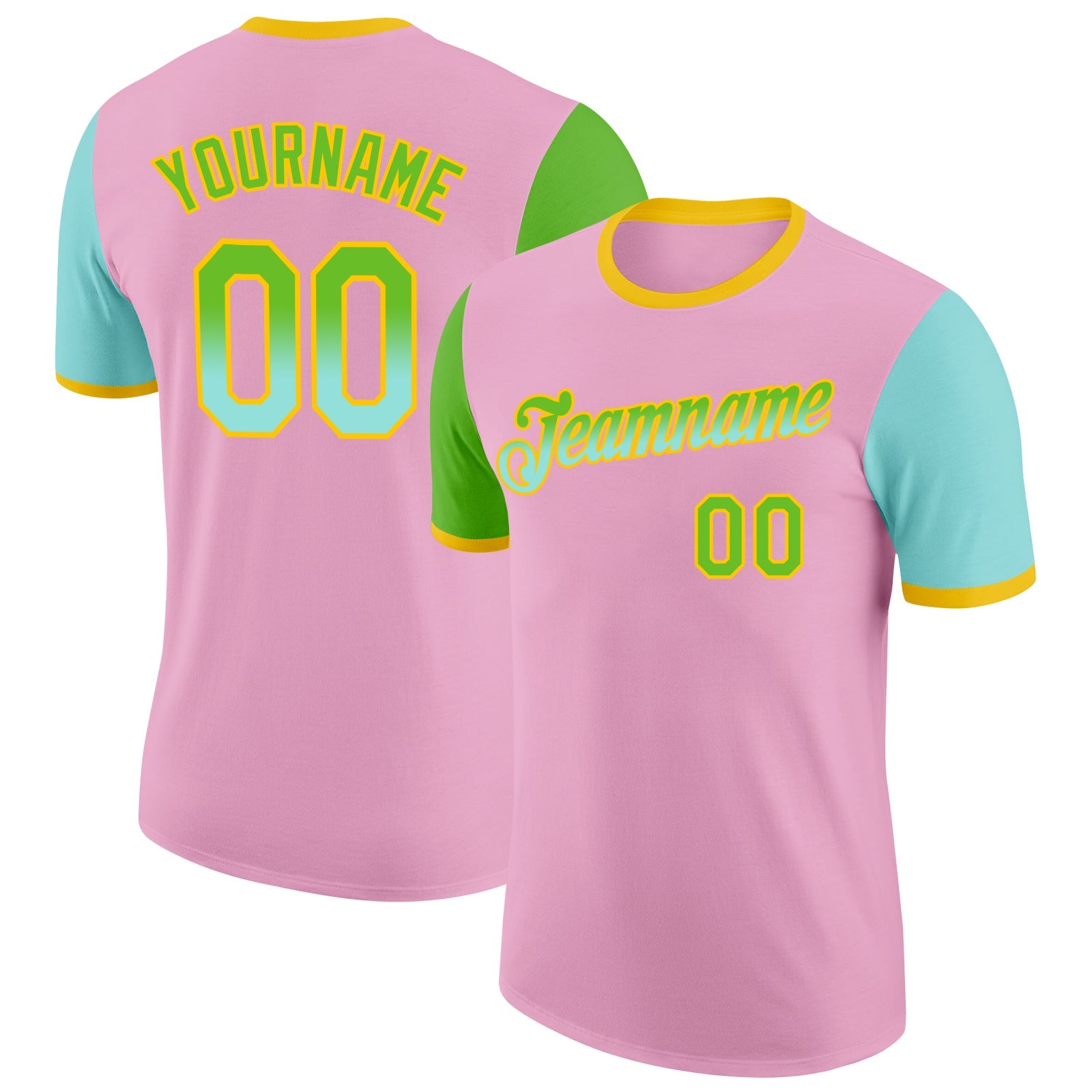 Custom Light Pink Aurora Green Ice Blue-Yellow Gradient Two Tone Performance T-Shirt - Main View