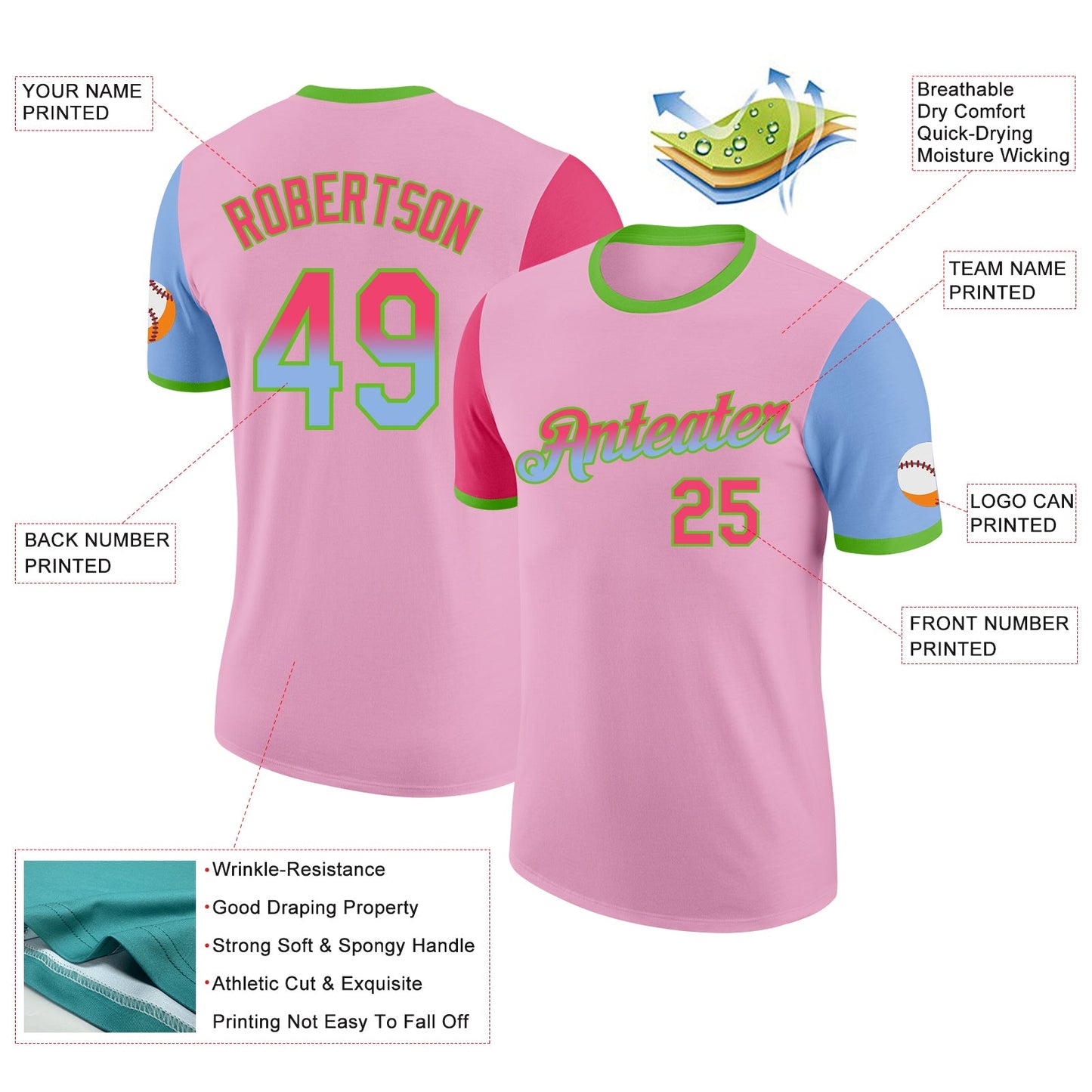 Custom Light Pink Neon Pink Light Blue-Aurora Green Gradient Two Tone Performance T-Shirt view 2