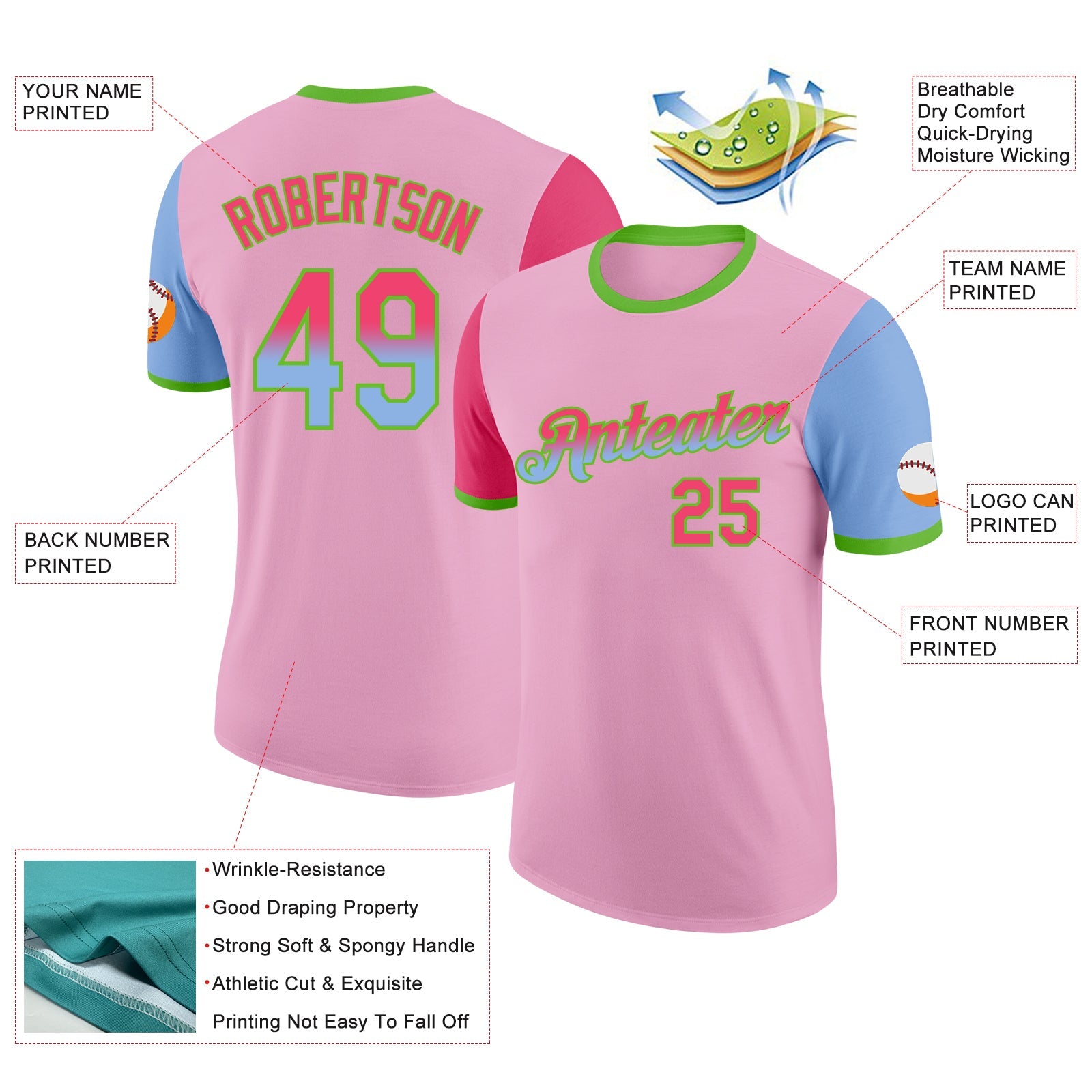 Custom Light Pink Neon Pink Light Blue-Aurora Green Gradient Two Tone Performance T-Shirt view 2