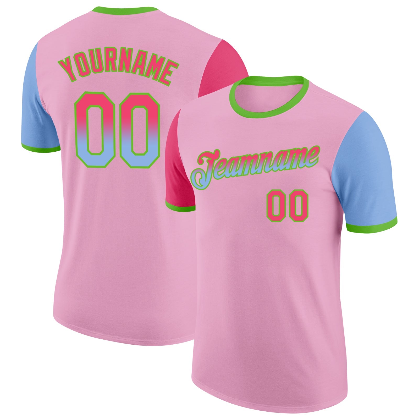 Custom Light Pink Neon Pink Light Blue-Aurora Green Gradient Two Tone Performance T-Shirt - Main View