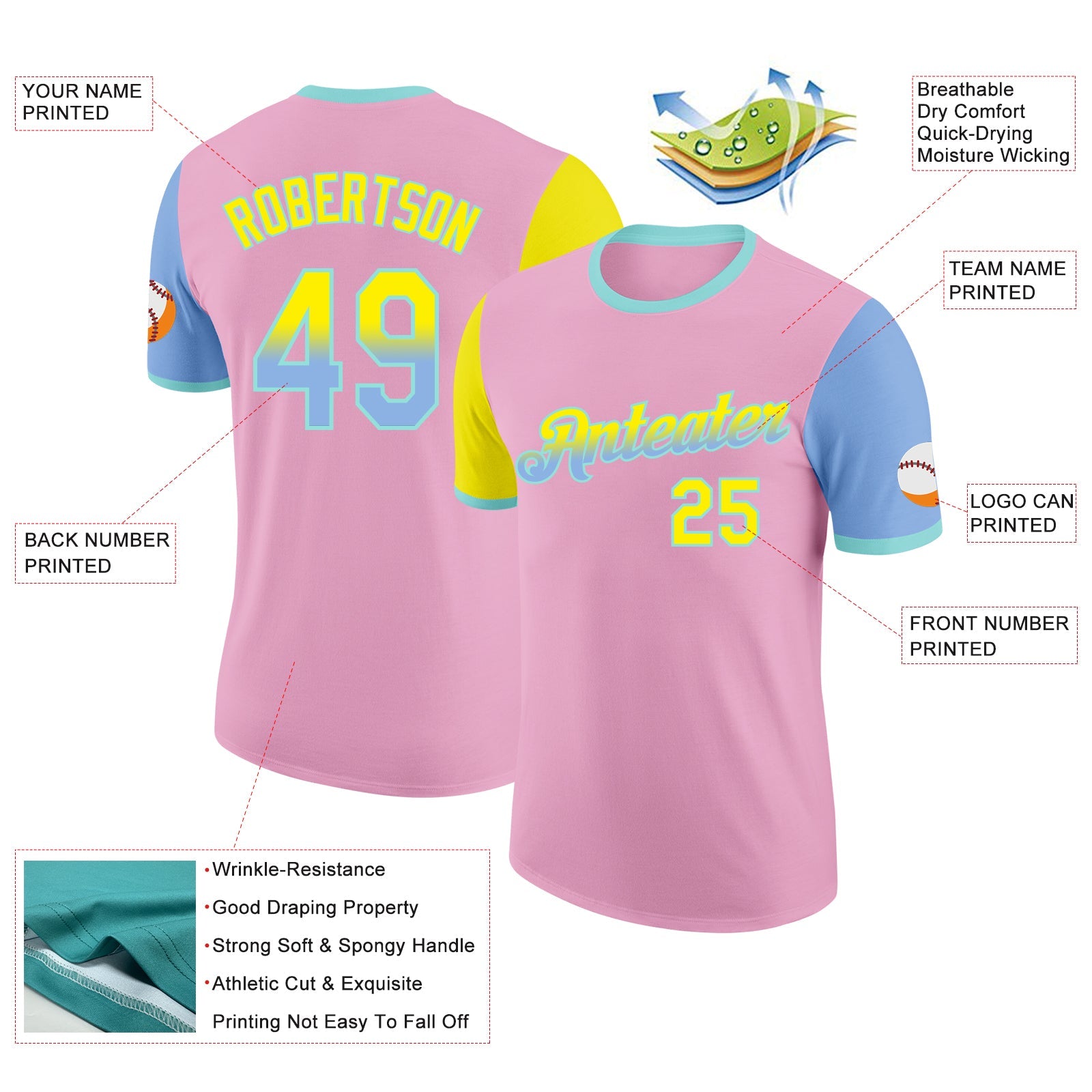 Custom Light Pink Light Yellow Light Blue-Ice Blue Gradient Two Tone Performance T-Shirt view 2