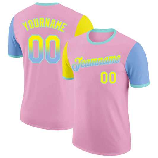 Custom Light Pink Light Yellow Light Blue-Ice Blue Gradient Two Tone Performance T-Shirt - Main View