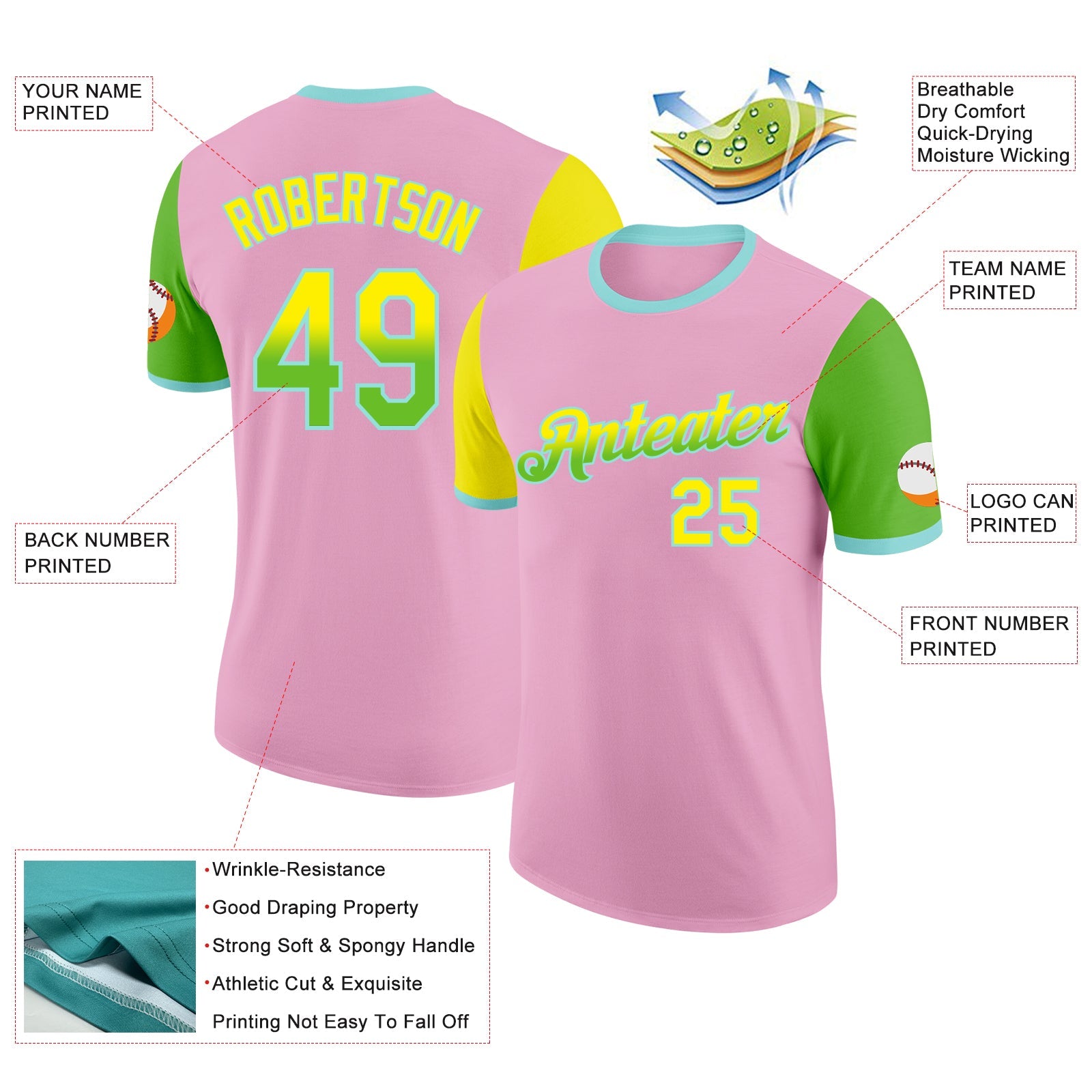 Custom Light Pink Light Yellow Aurora Green-Ice Blue Gradient Two Tone Performance T-Shirt view 2