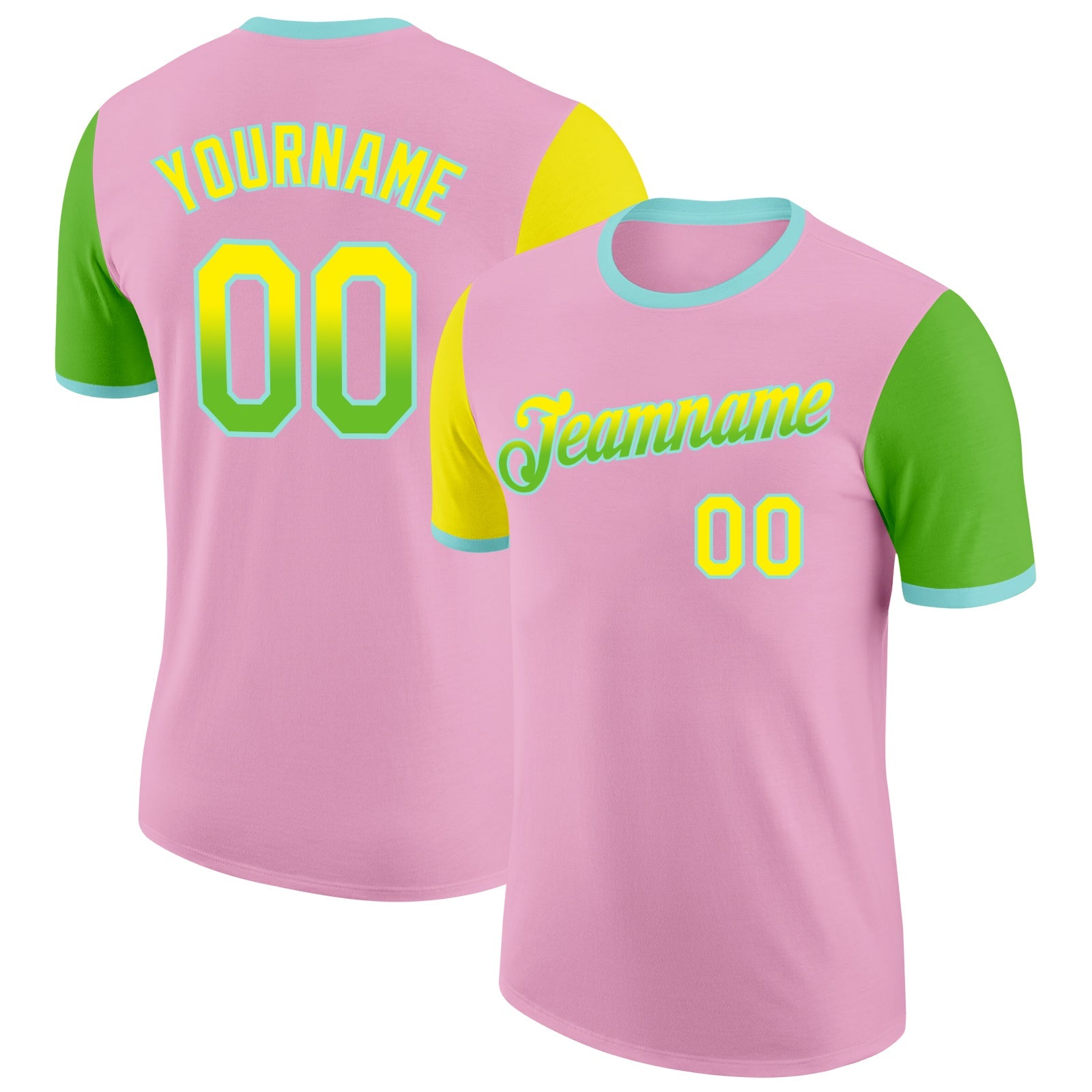 Custom Light Pink Light Yellow Aurora Green-Ice Blue Gradient Two Tone Performance T-Shirt - Main View