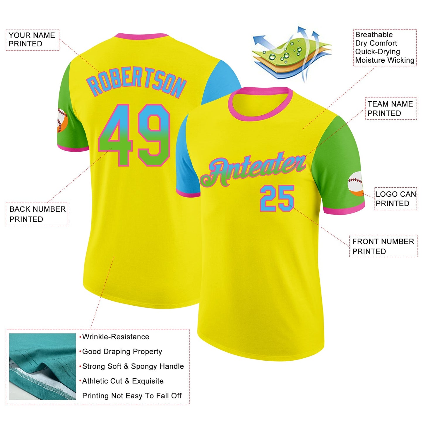 Custom Light Yellow Sky Blue Aurora Green-Pink Gradient Two Tone Performance T-Shirt view 2