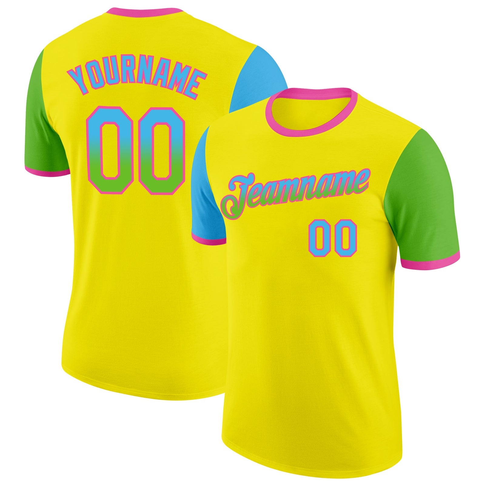 Custom Light Yellow Sky Blue Aurora Green-Pink Gradient Two Tone Performance T-Shirt - Main View