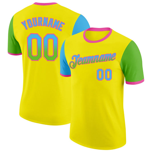Custom Light Yellow Sky Blue Aurora Green-Pink Gradient Two Tone Performance T-Shirt - Main View