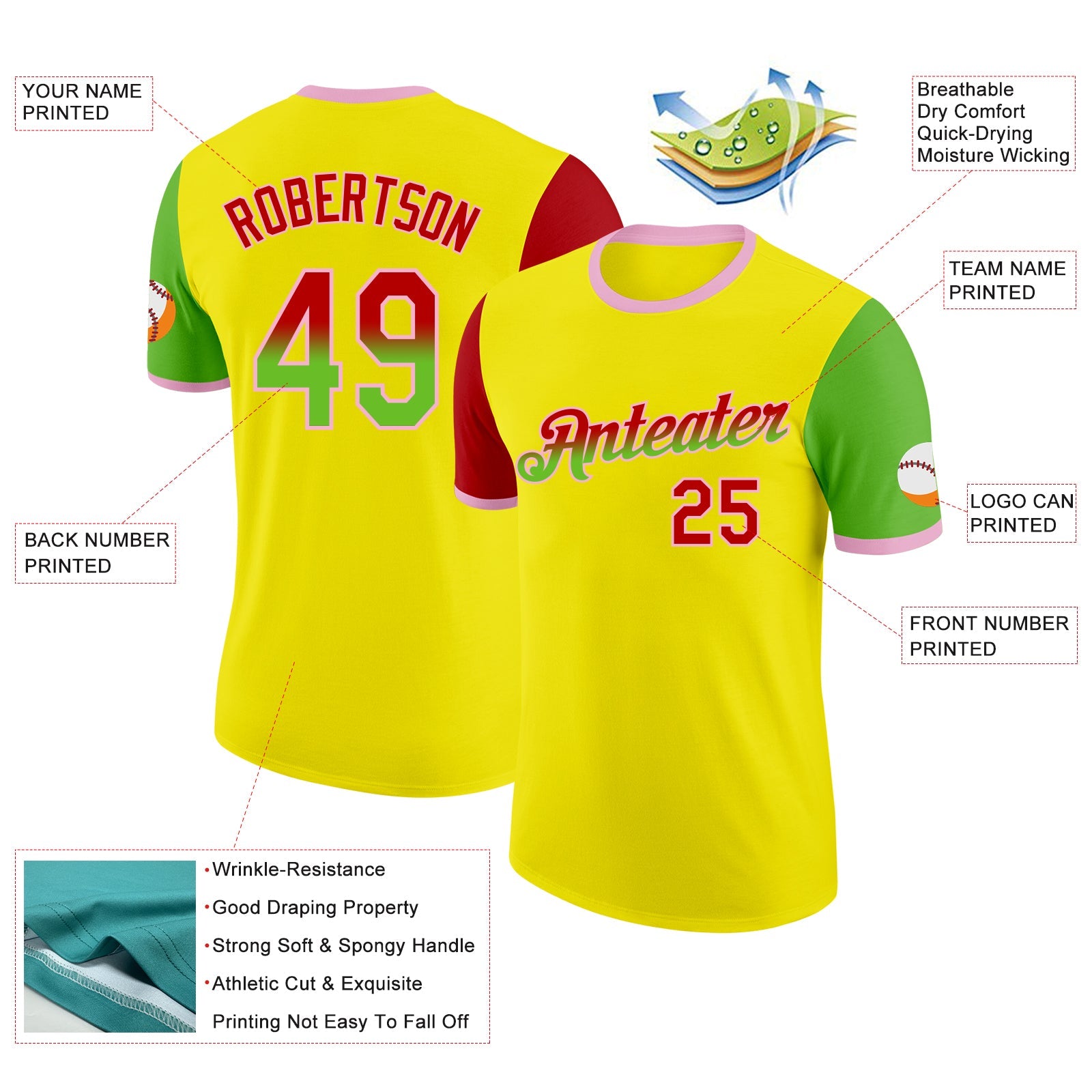 Custom Light Yellow Red Aurora Green-Light Pink Gradient Two Tone Performance T-Shirt view 2