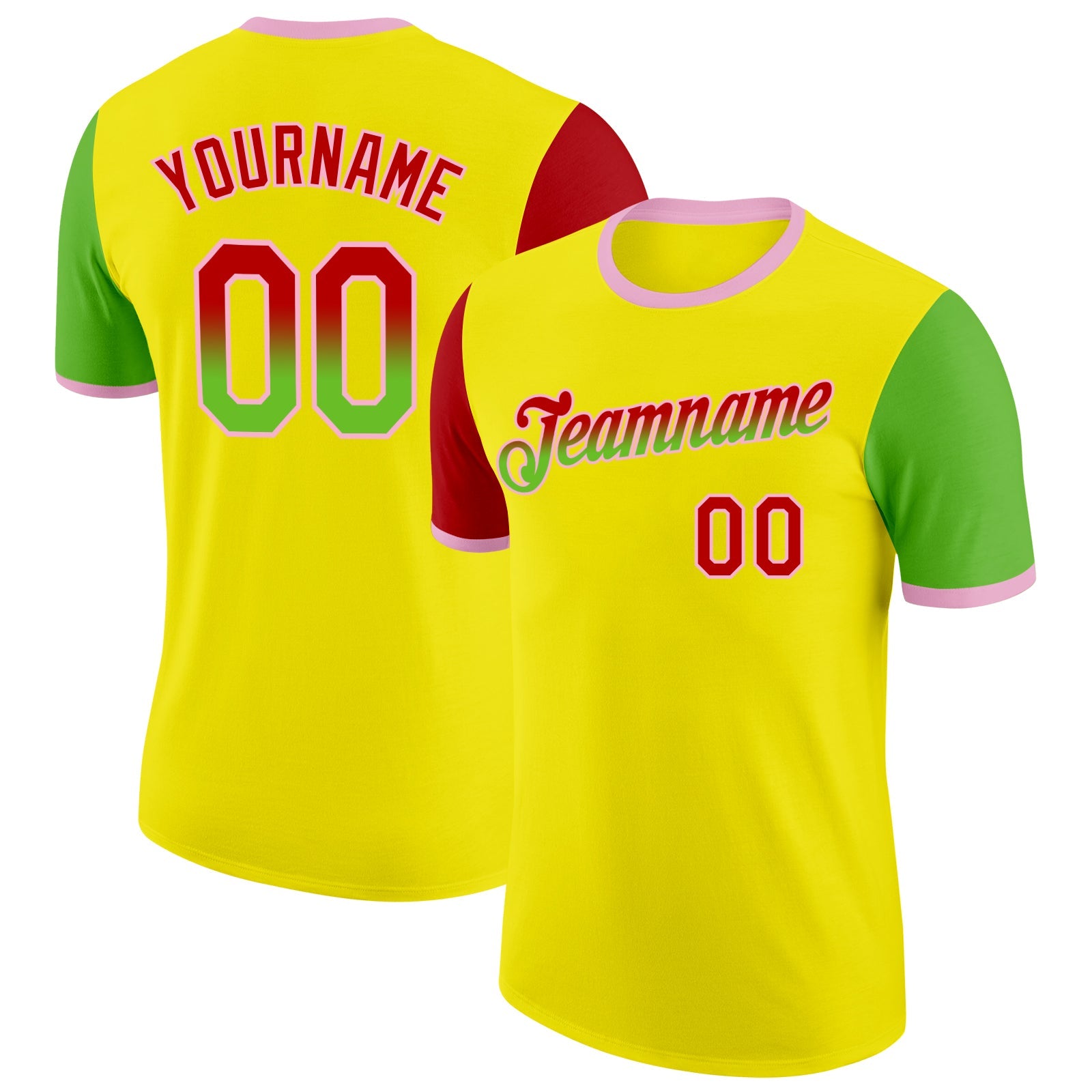 Custom Light Yellow Red Aurora Green-Light Pink Gradient Two Tone Performance T-Shirt - Main View