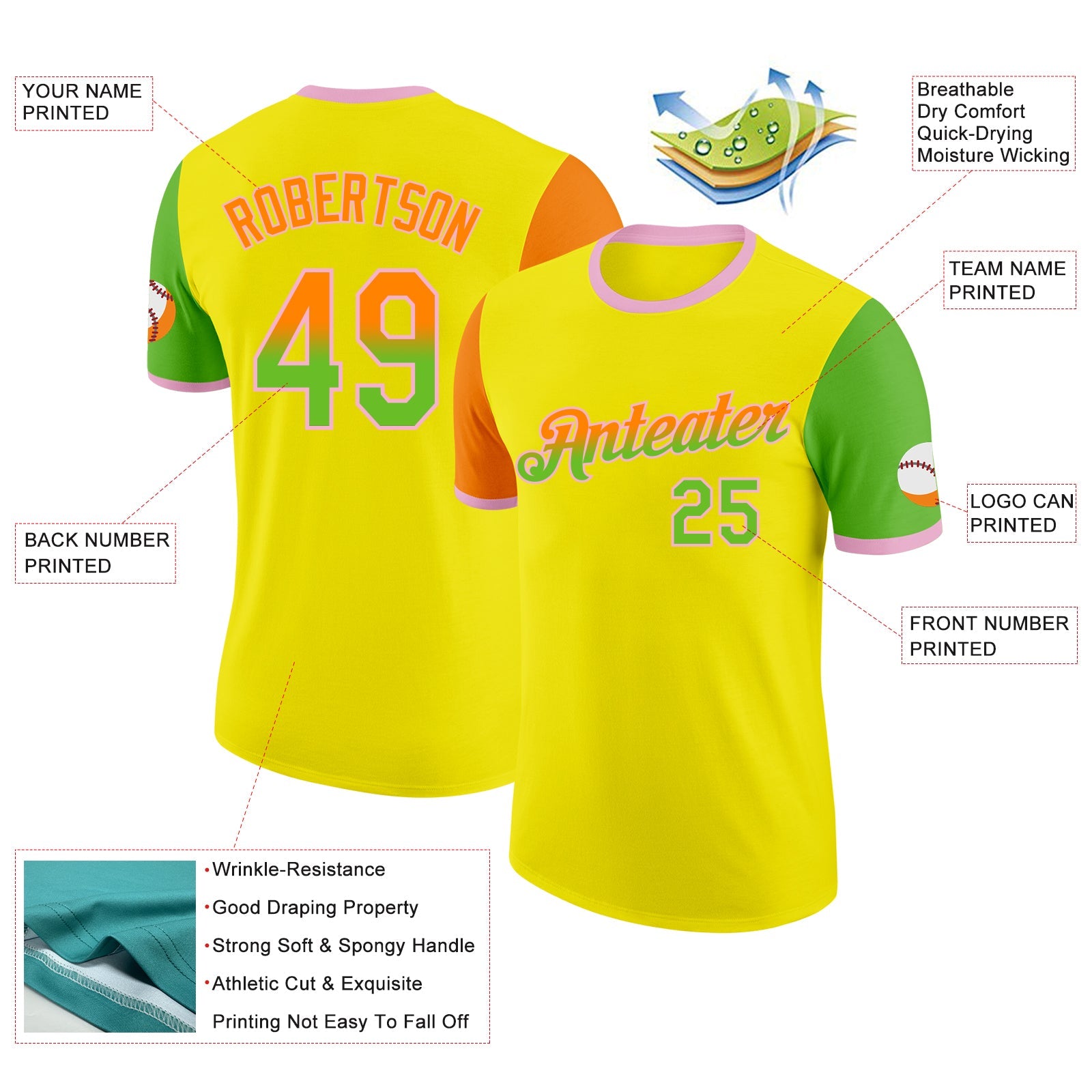 Custom Light Yellow Bay Orange Aurora Green-Light Pink Gradient Two Tone Performance T-Shirt view 2
