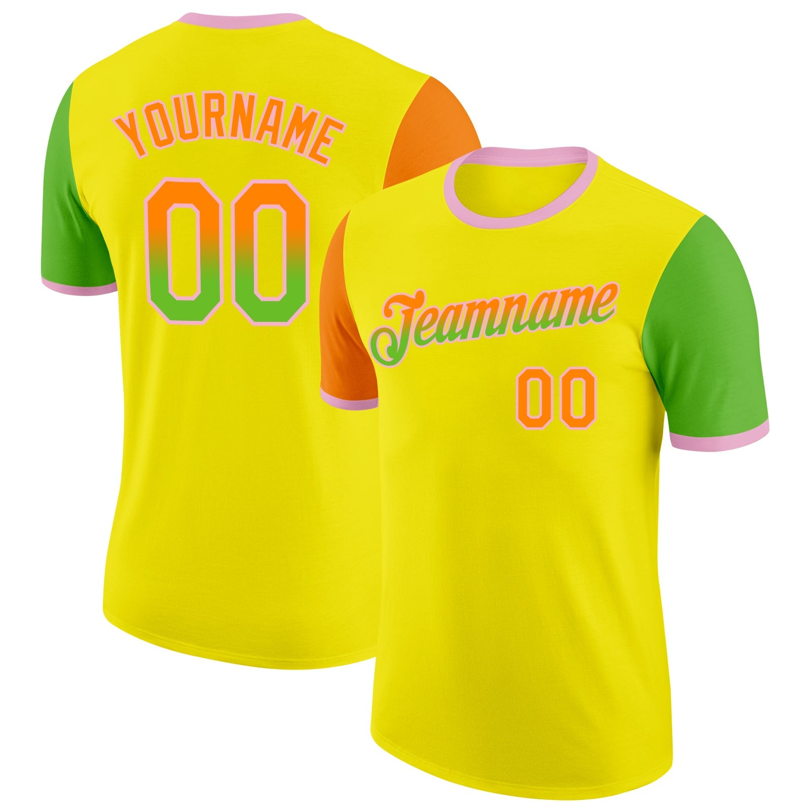Custom Light Yellow Bay Orange Aurora Green-Light Pink Gradient Two Tone Performance T-Shirt - Main View