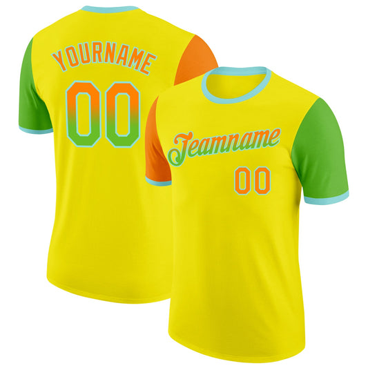 Custom Light Yellow Bay Orange Aurora Green-Ice Blue Gradient Two Tone Performance T-Shirt - Main View