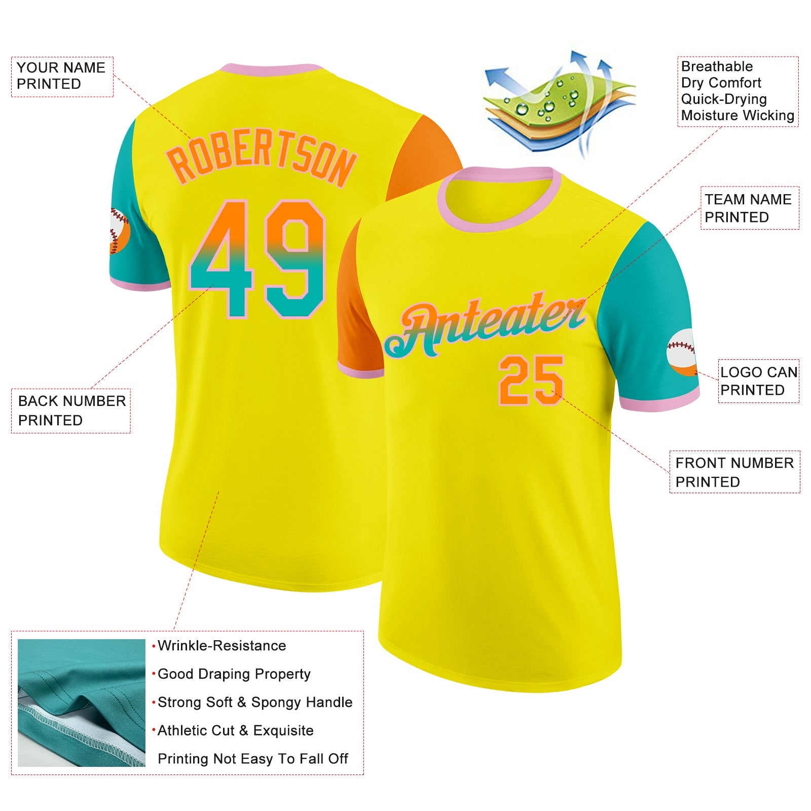 Custom Light Yellow Bay Orange Aqua-Light Pink Gradient Two Tone Performance T-Shirt view 2